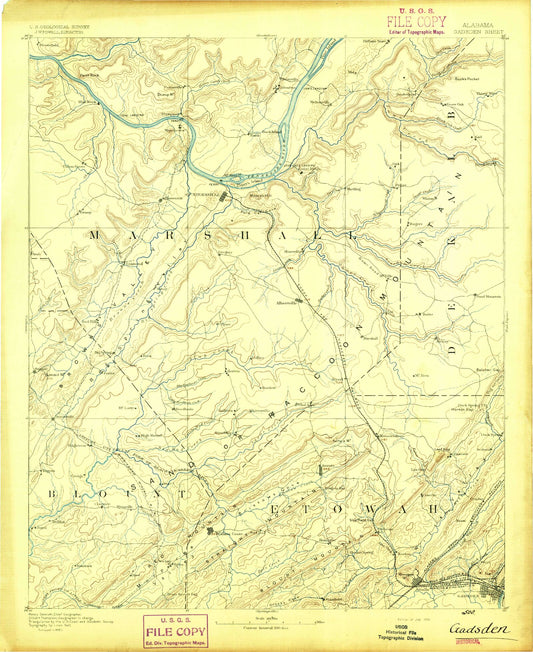 Historic 1892 Gadsden Alabama 30'x30' Topo Map Image