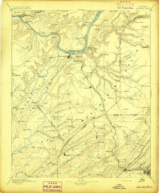 Historic 1895 Gadsden Alabama 30'x30' Topo Map Image
