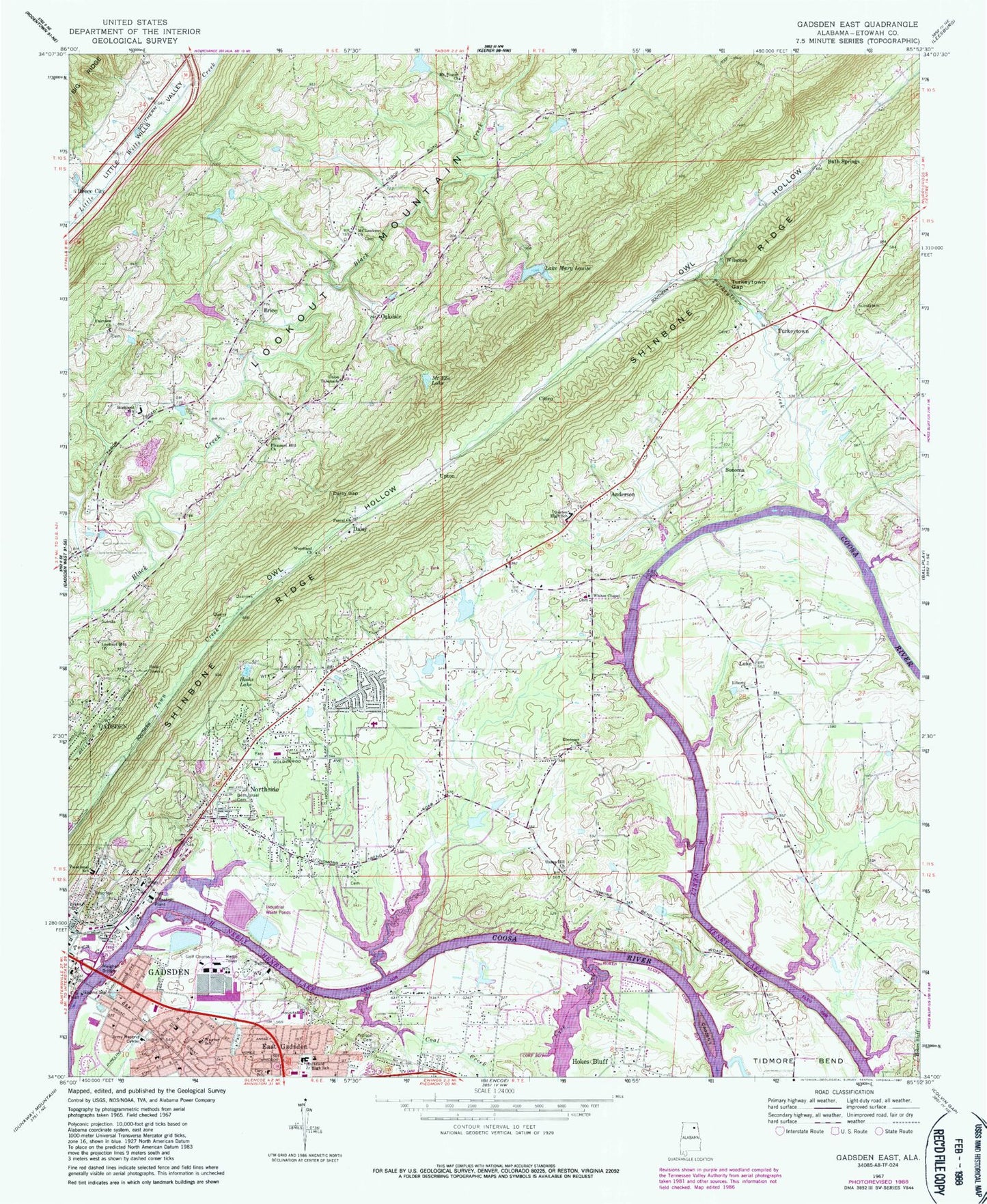 Classic USGS Gadsden East Alabama 7.5'x7.5' Topo Map Image