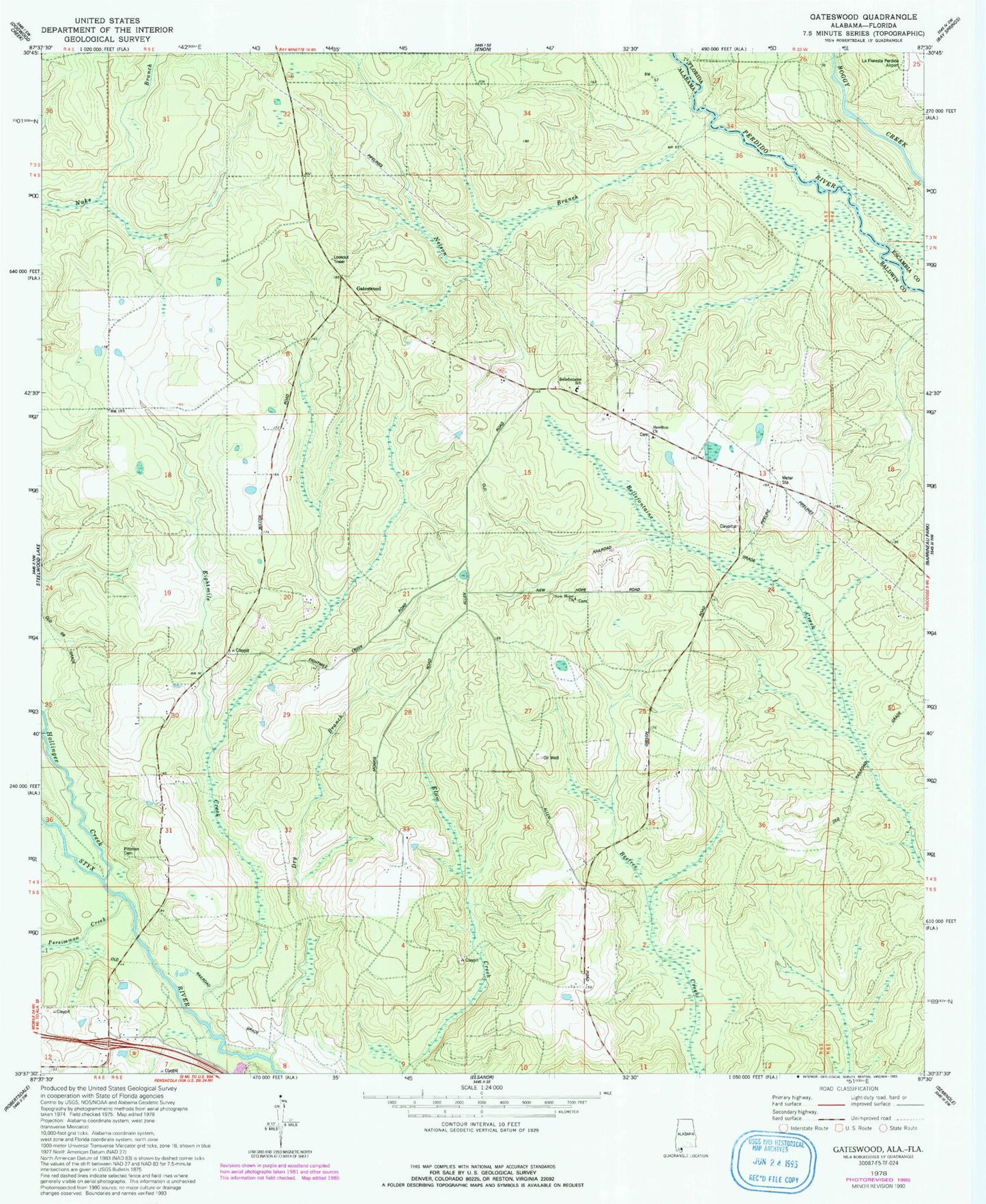 Classic USGS Gateswood Alabama 7.5'x7.5' Topo Map Image