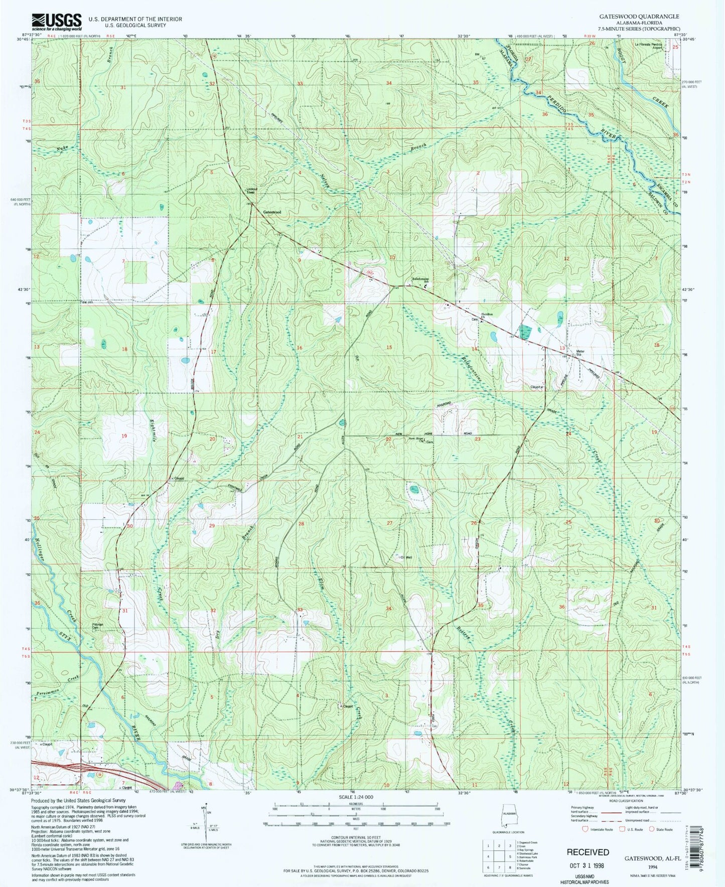 Classic USGS Gateswood Alabama 7.5'x7.5' Topo Map Image