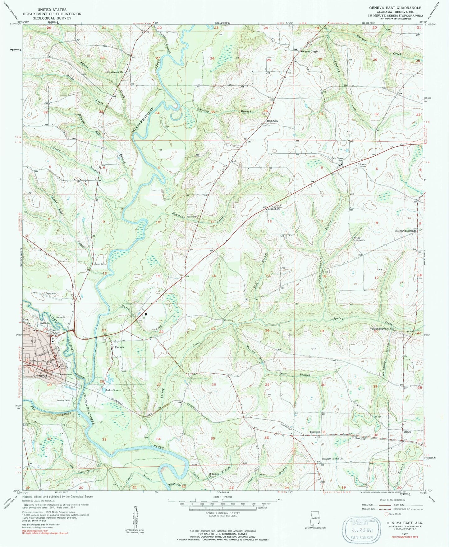 Classic USGS Geneva East Alabama 7.5'x7.5' Topo Map Image