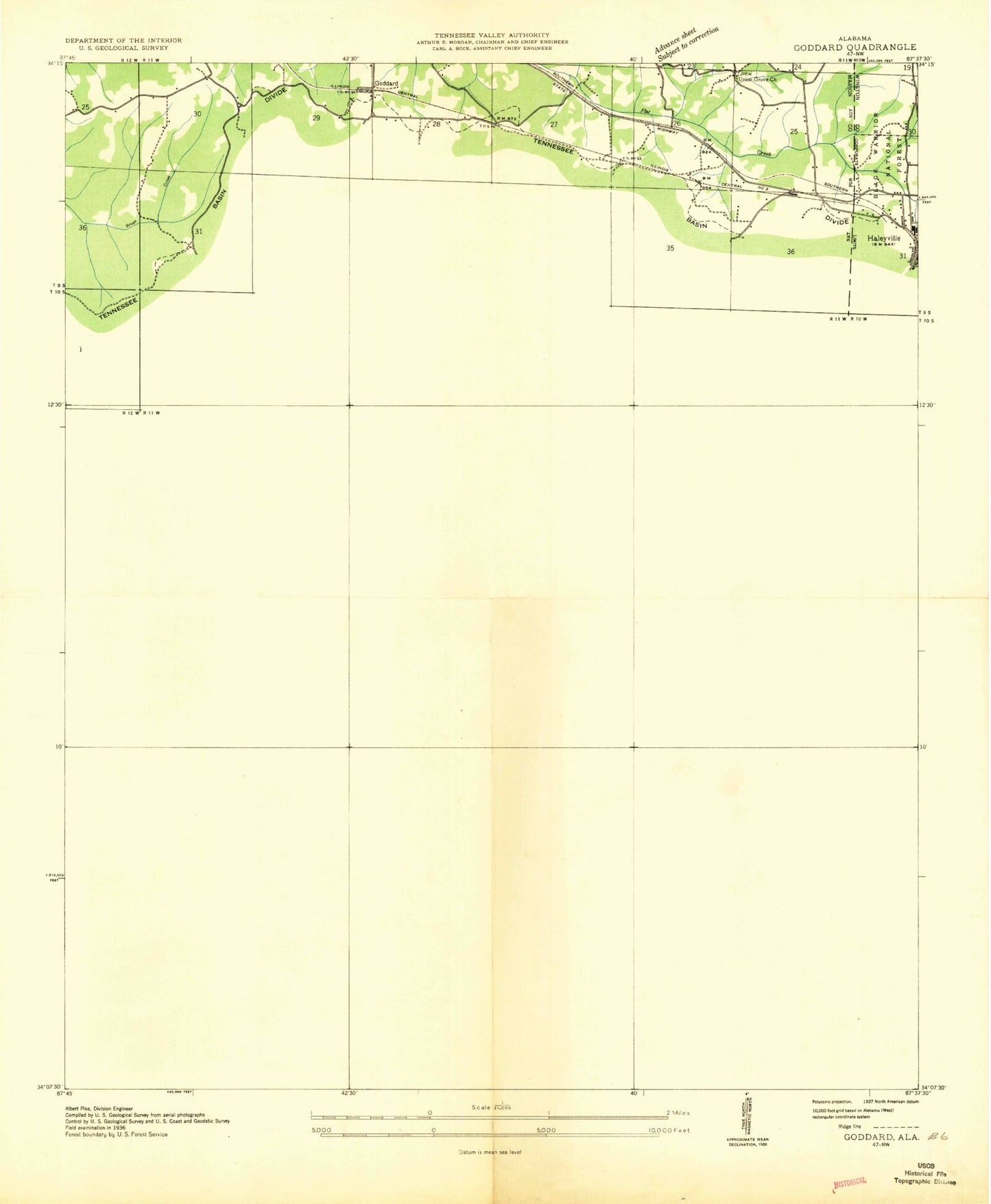 Classic USGS Haleyville West Alabama 7.5'x7.5' Topo Map Image