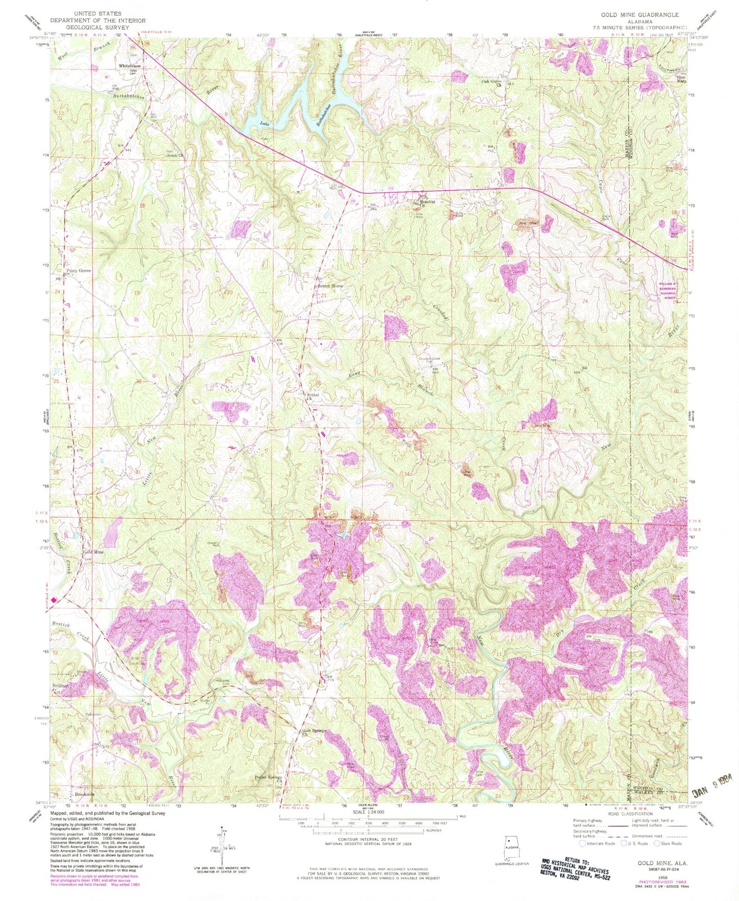 Classic USGS Gold Mine Alabama 7.5'x7.5' Topo Map Image