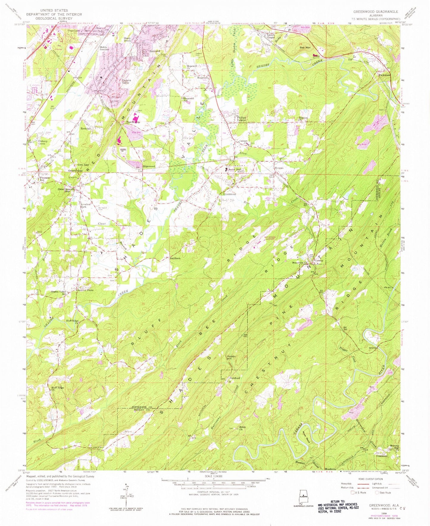 Classic USGS Greenwood Alabama 7.5'x7.5' Topo Map Image