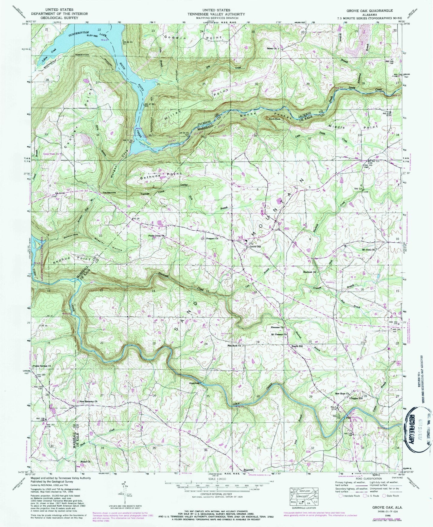 Classic USGS Grove Oak Alabama 7.5'x7.5' Topo Map Image