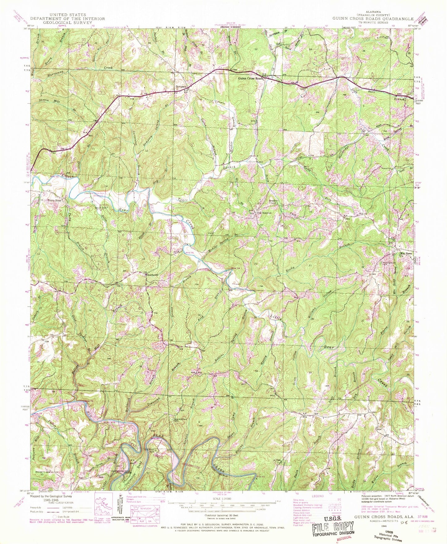 Classic USGS Guinn Cross Roads Alabama 7.5'x7.5' Topo Map Image