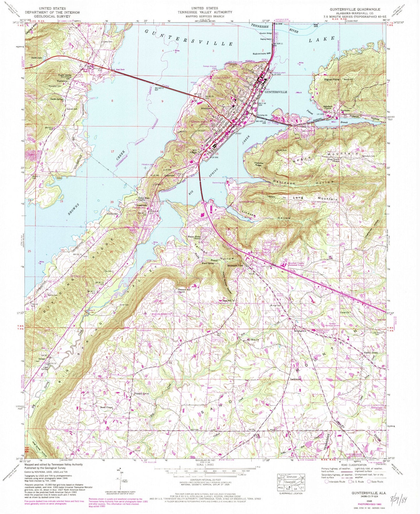 Classic USGS Guntersville Alabama 7.5'x7.5' Topo Map Image