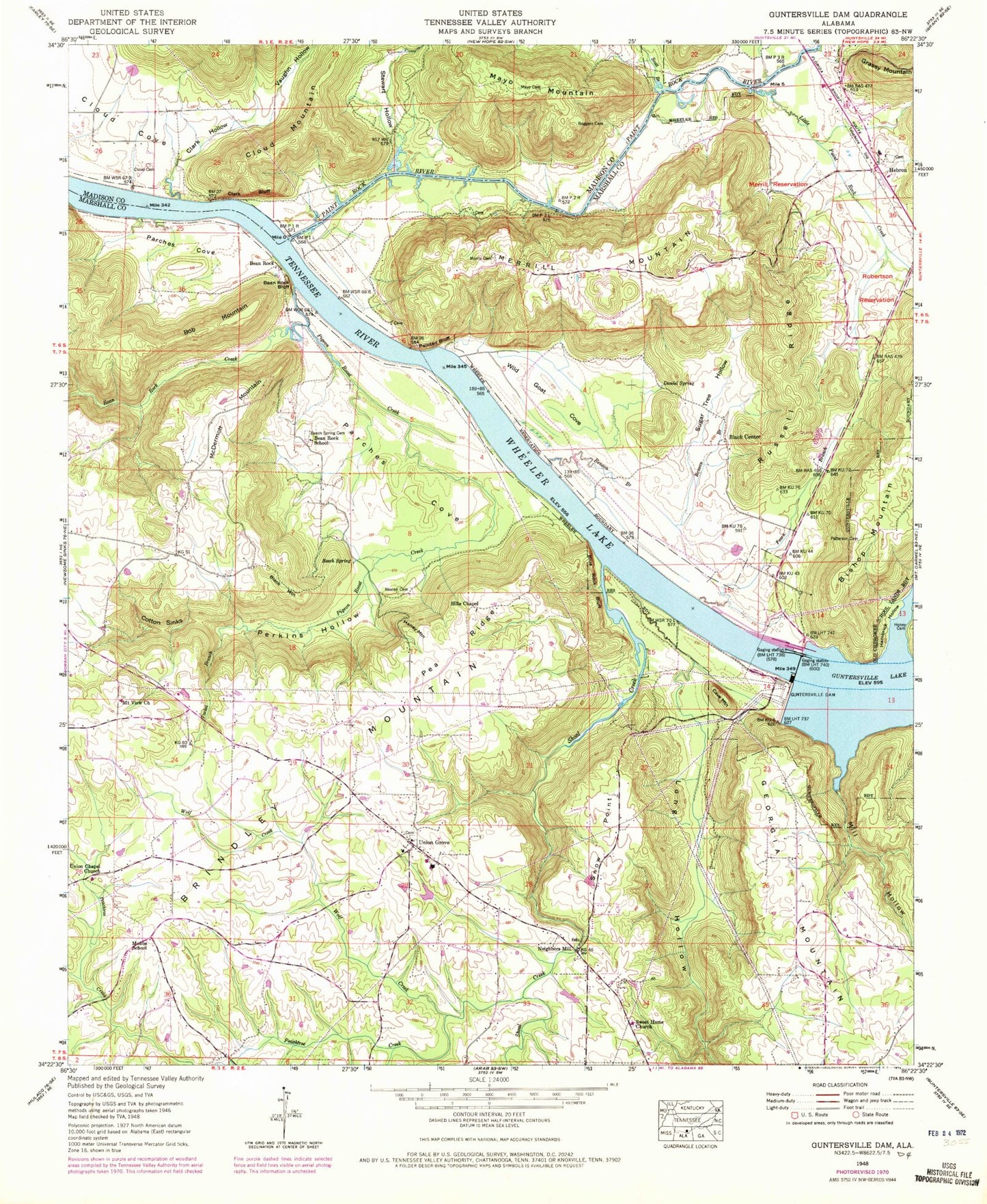 Classic USGS Guntersville Dam Alabama 7.5'x7.5' Topo Map Image