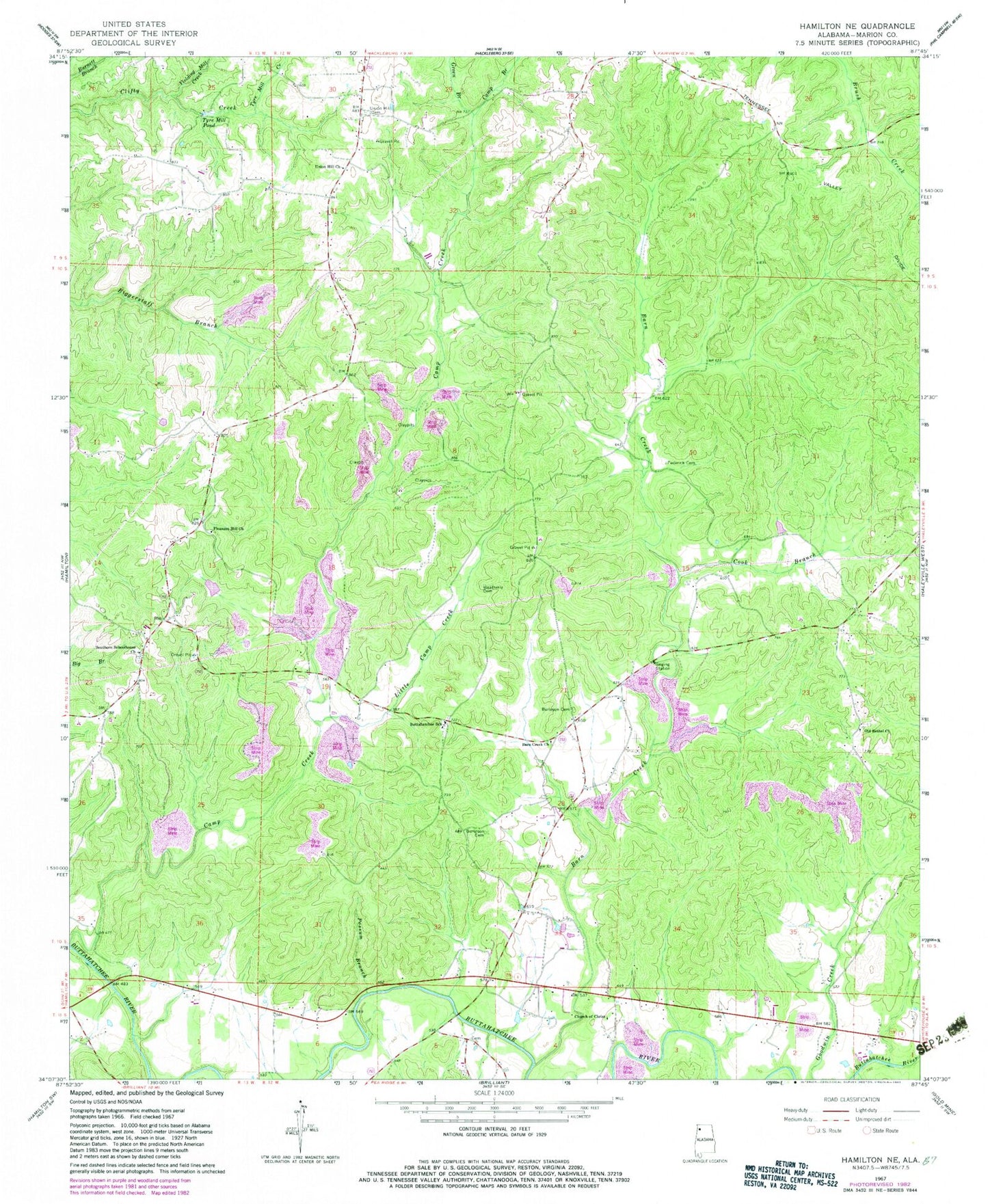 Classic USGS Hamilton NE Alabama 7.5'x7.5' Topo Map Image