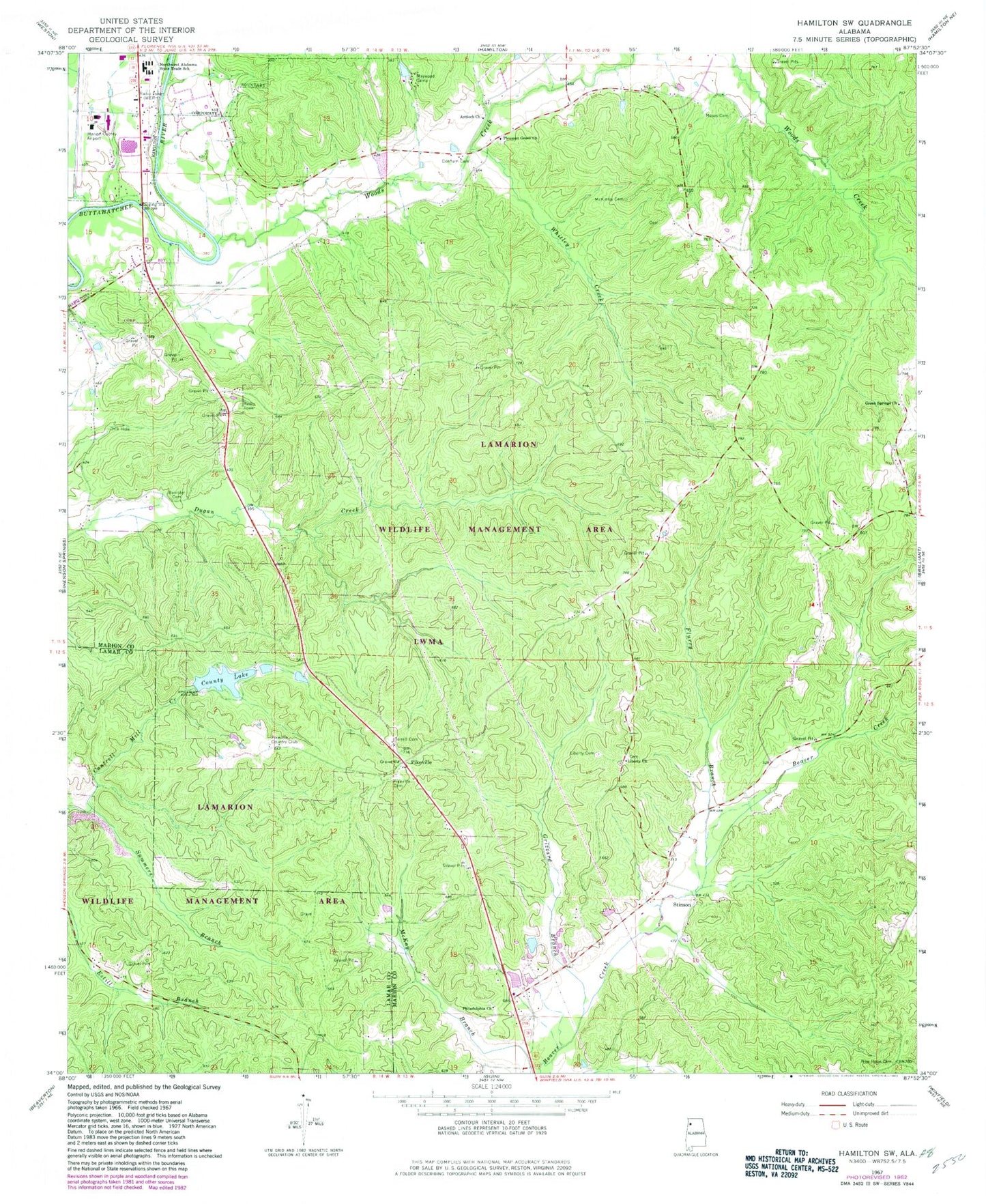 Classic USGS Hamilton SW Alabama 7.5'x7.5' Topo Map Image