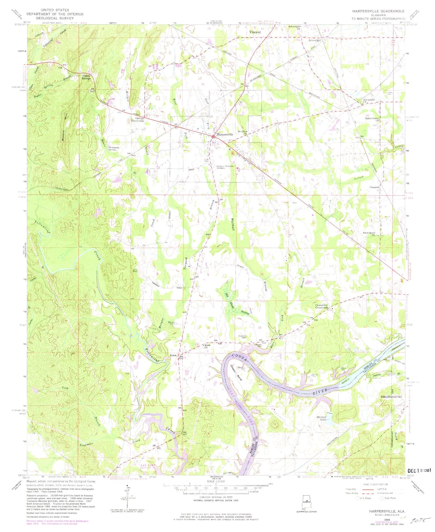 Classic USGS Harpersville Alabama 7.5'x7.5' Topo Map Image
