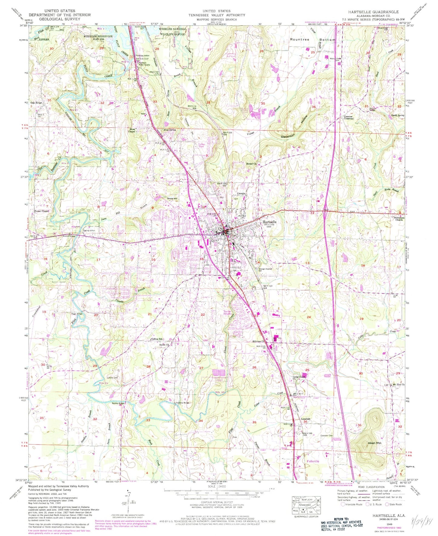 Classic USGS Hartselle Alabama 7.5'x7.5' Topo Map Image
