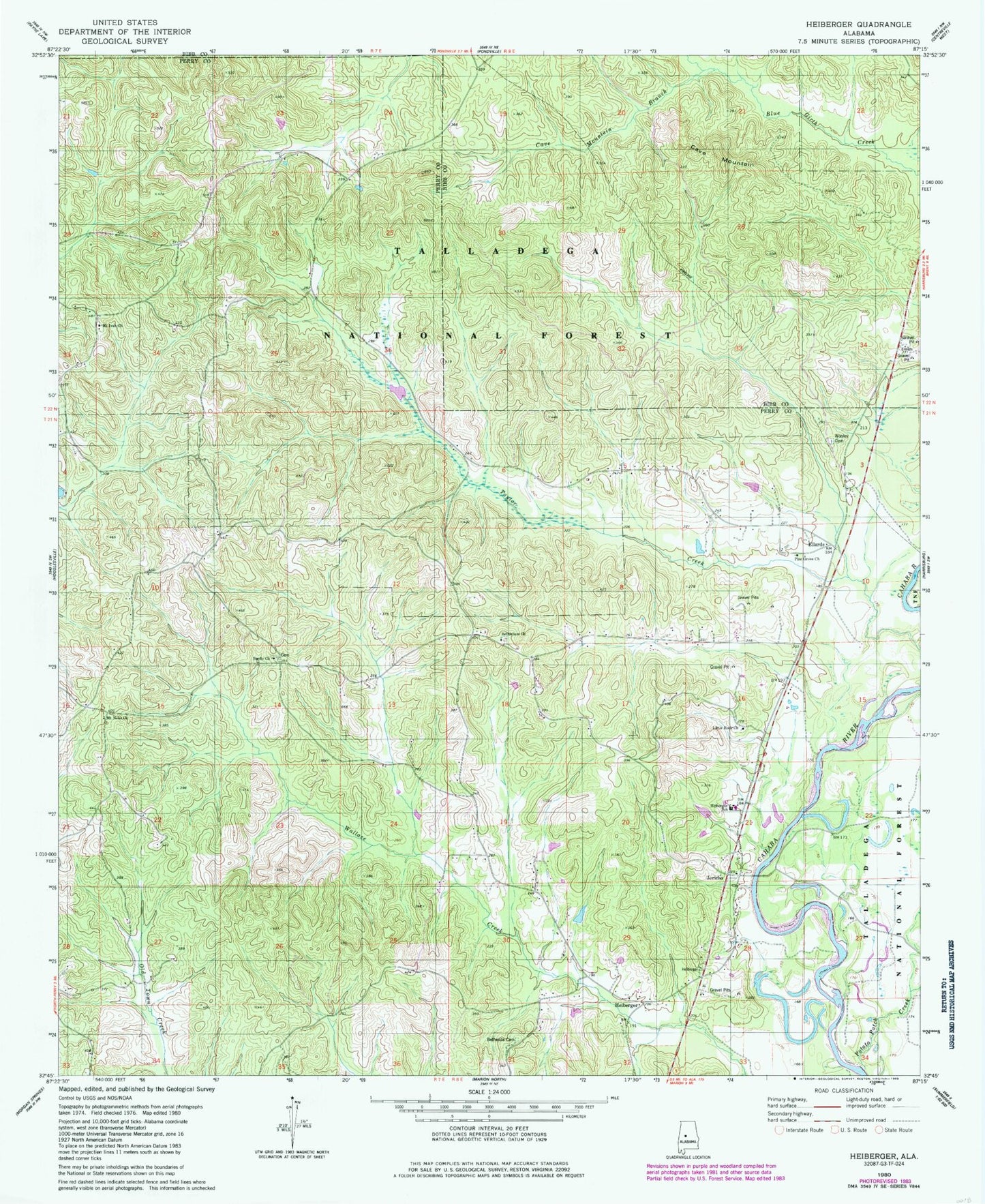 Classic USGS Heiberger Alabama 7.5'x7.5' Topo Map Image