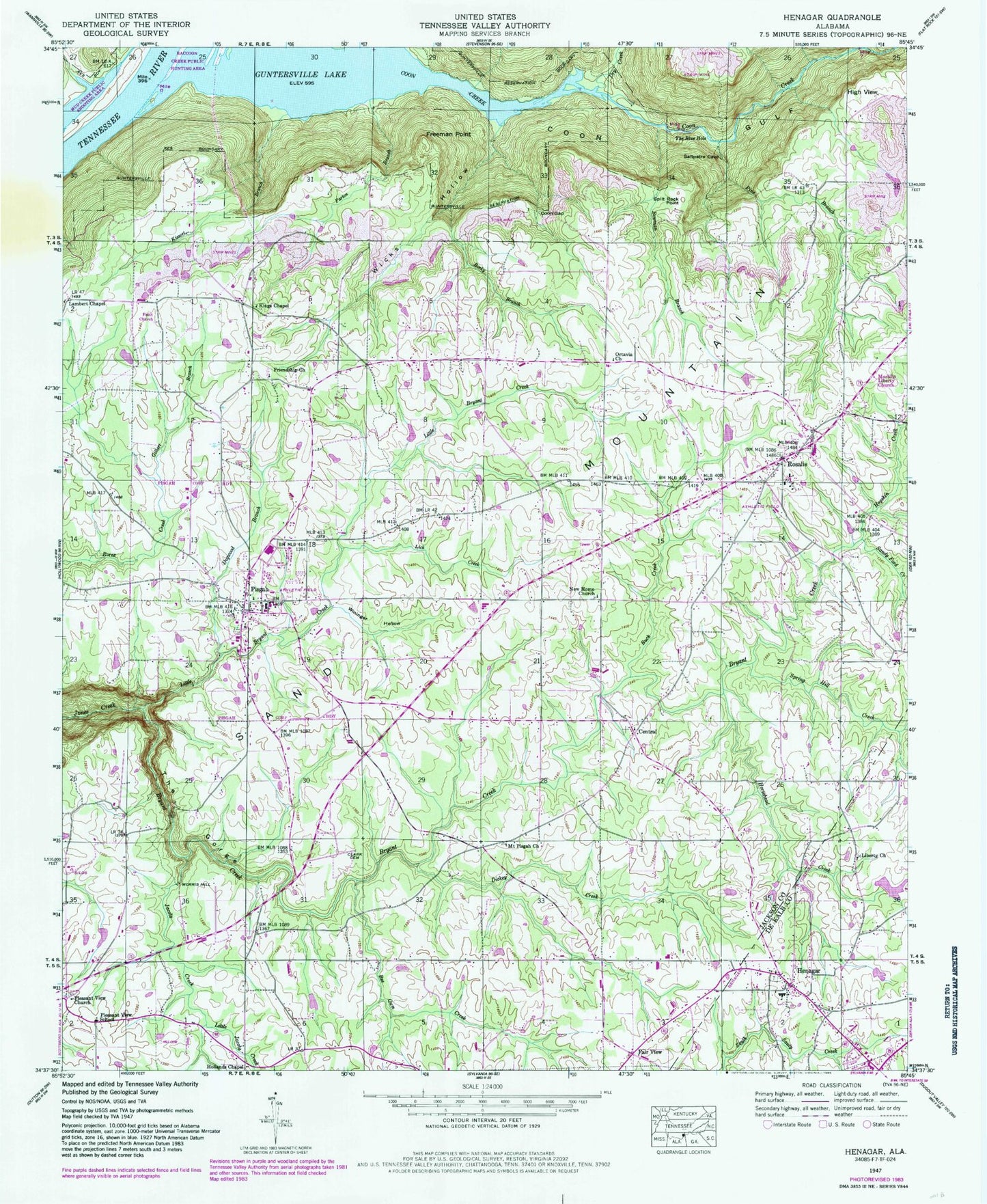 Classic USGS Henagar Alabama 7.5'x7.5' Topo Map Image