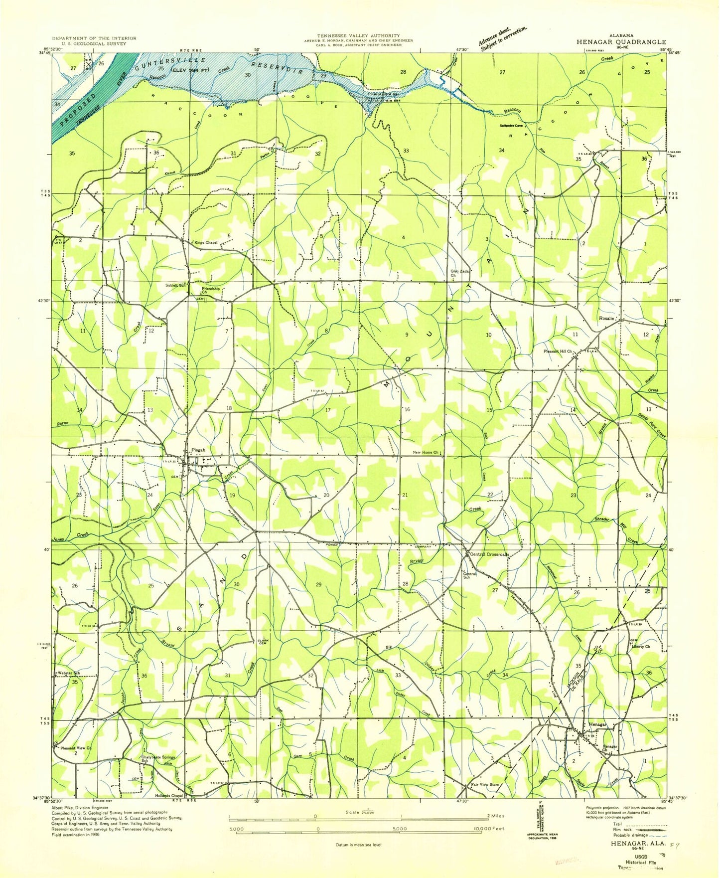 Classic USGS Henagar Alabama 7.5'x7.5' Topo Map Image
