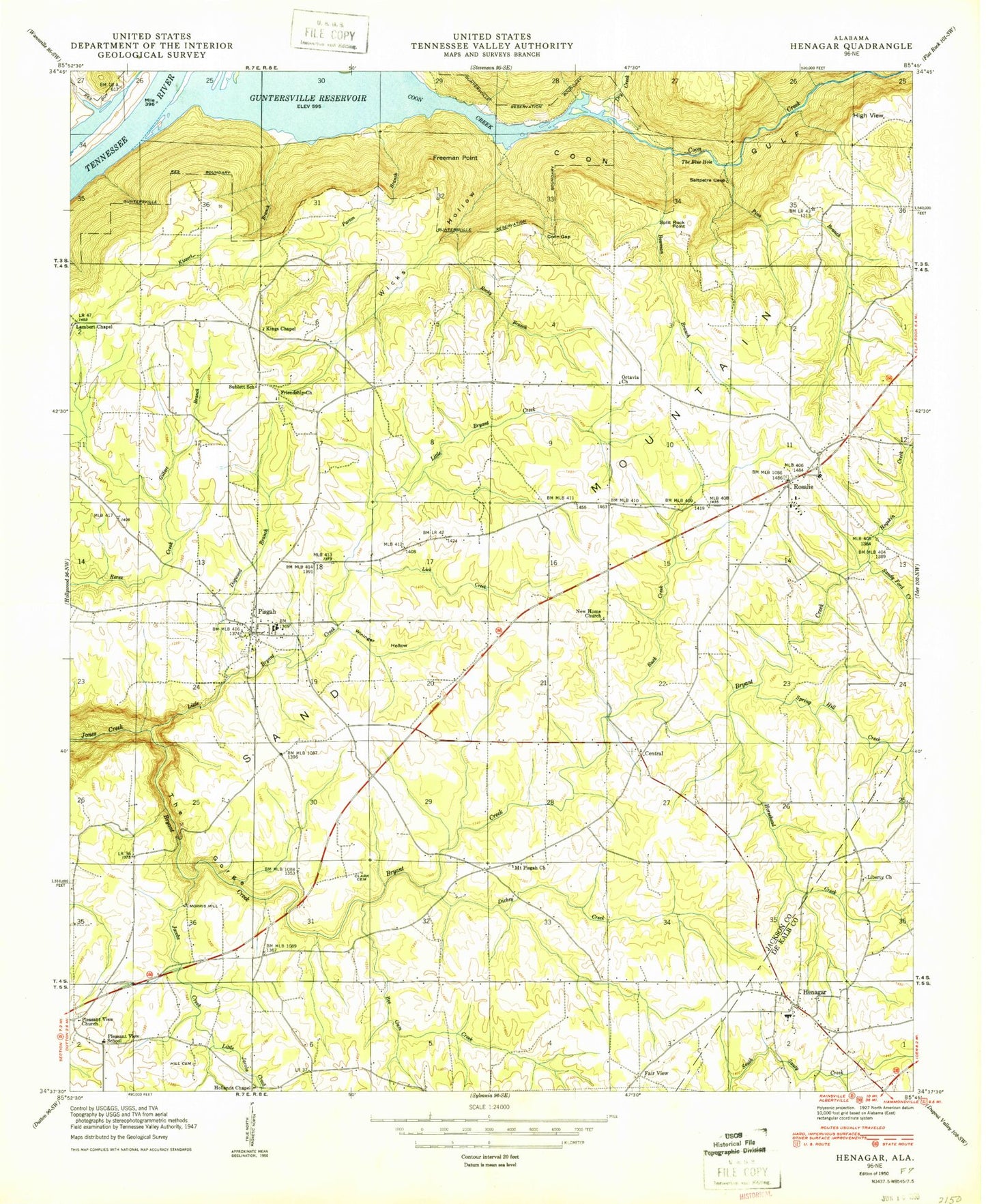 Classic USGS Henagar Alabama 7.5'x7.5' Topo Map Image