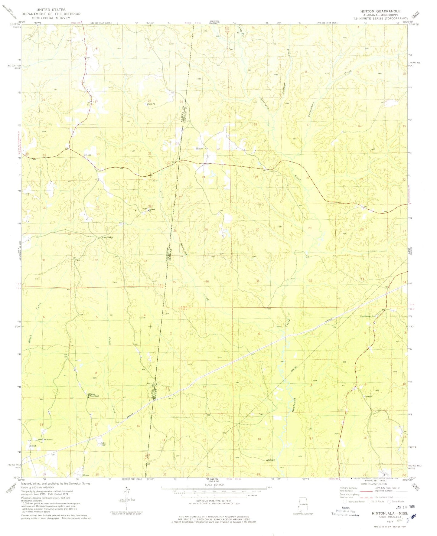 Classic USGS Hinton Alabama 7.5'x7.5' Topo Map Image