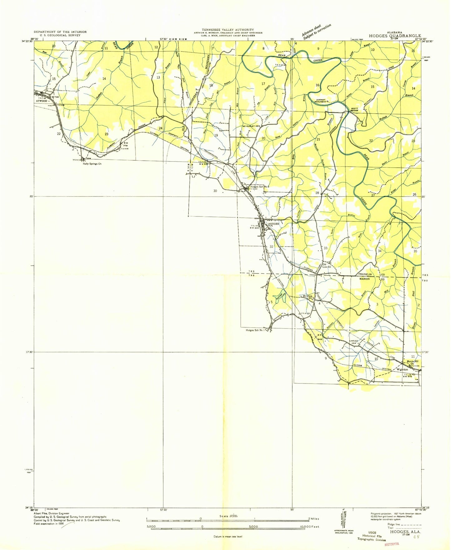 Classic USGS Hodges Alabama 7.5'x7.5' Topo Map Image