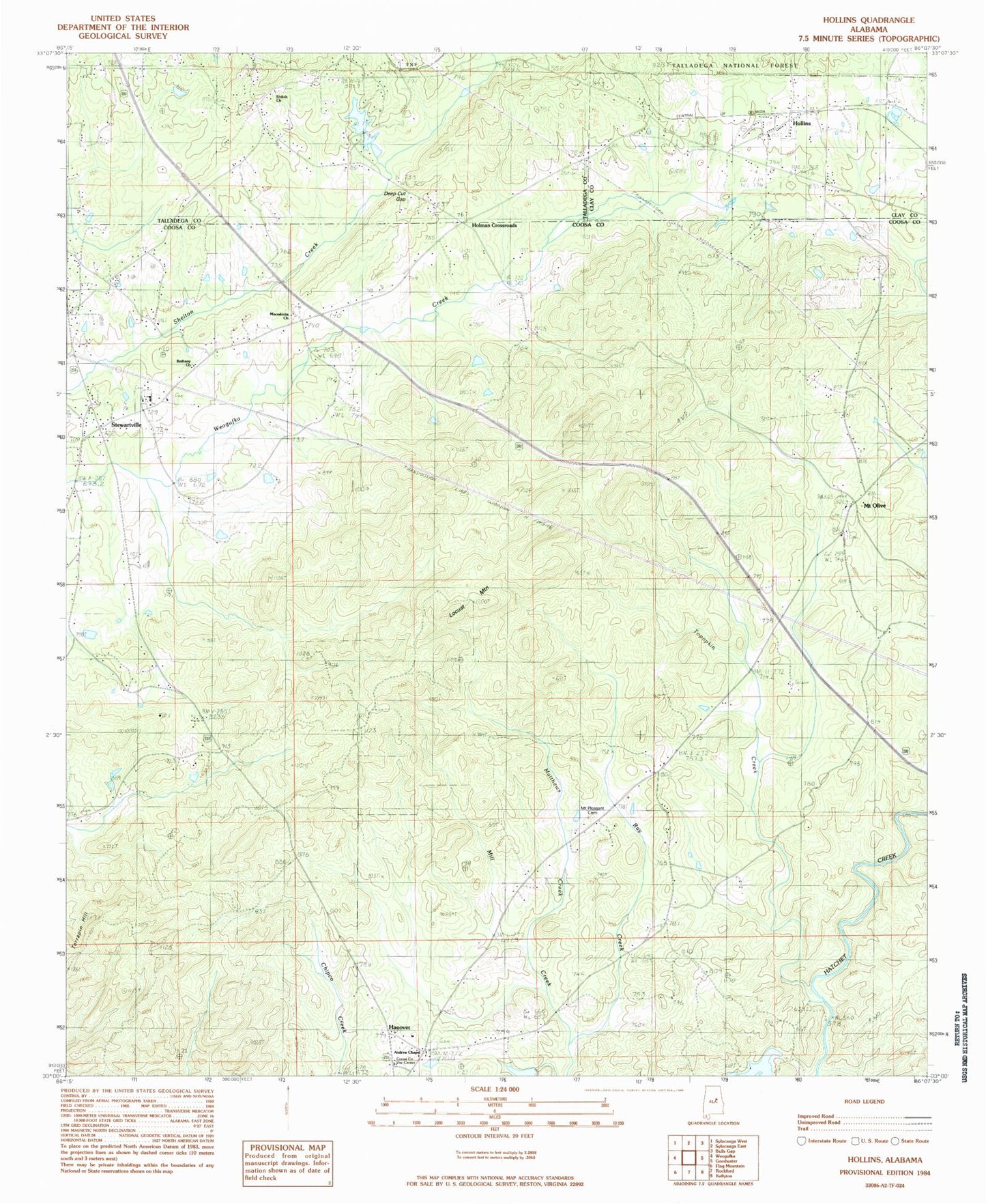 Classic USGS Hollins Alabama 7.5'x7.5' Topo Map Image