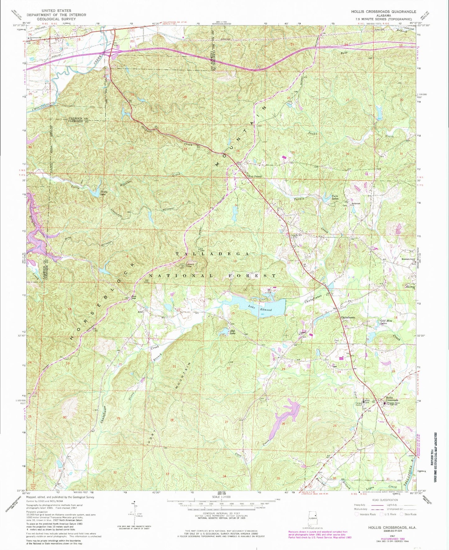 Classic USGS Hollis Crossroads Alabama 7.5'x7.5' Topo Map Image