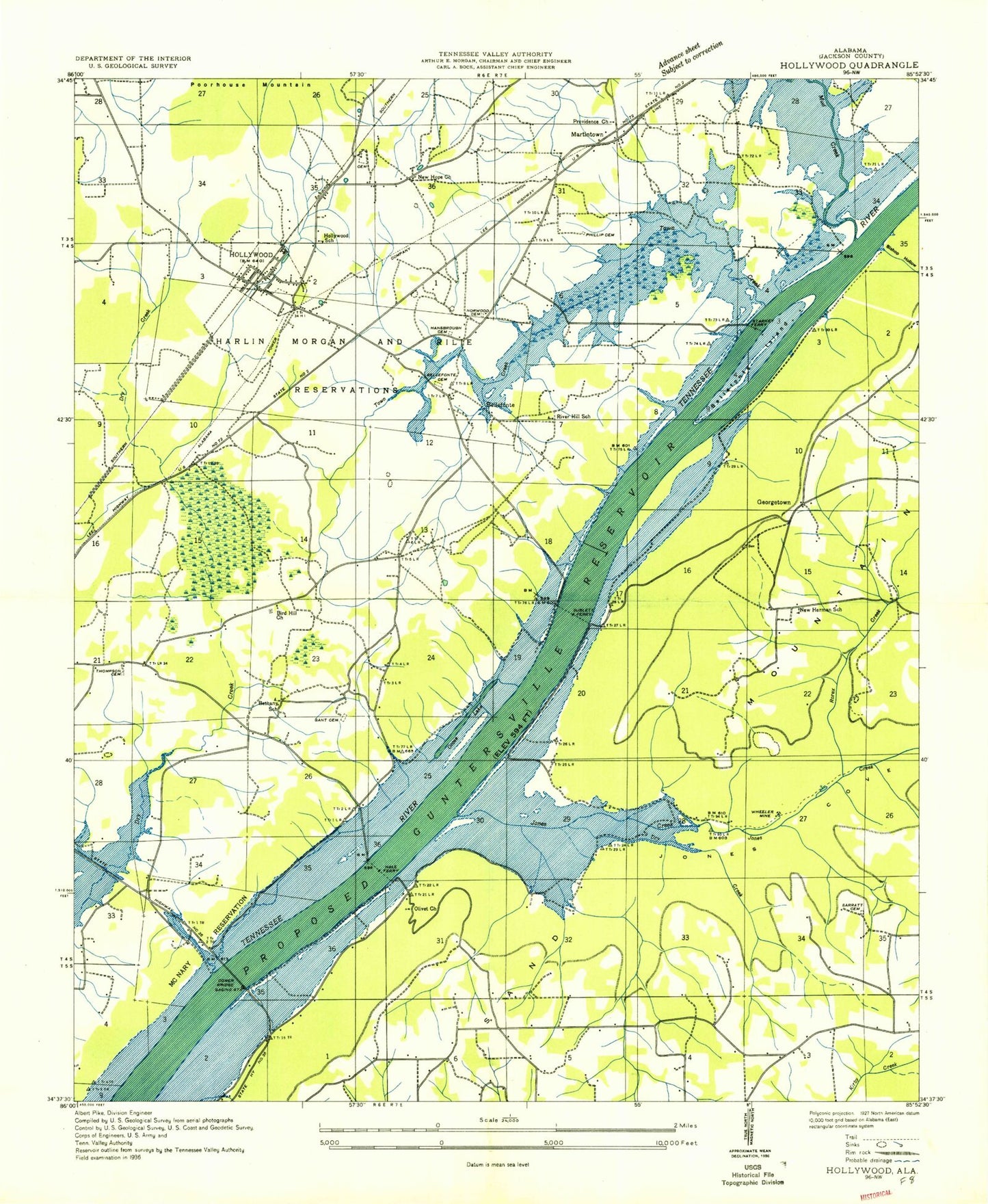 Classic USGS Hollywood Alabama 7.5'x7.5' Topo Map Image