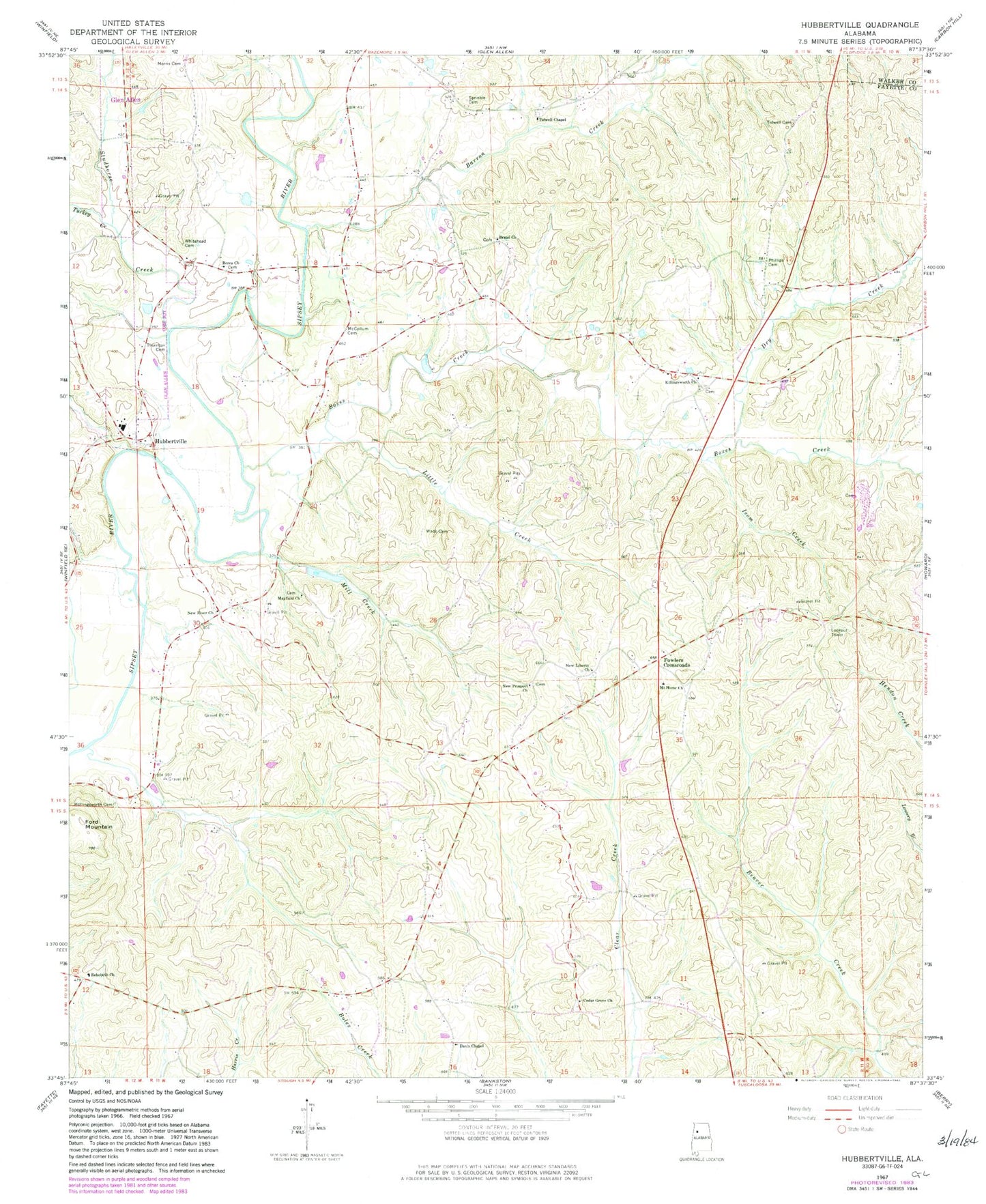 Classic USGS Hubbertville Alabama 7.5'x7.5' Topo Map Image