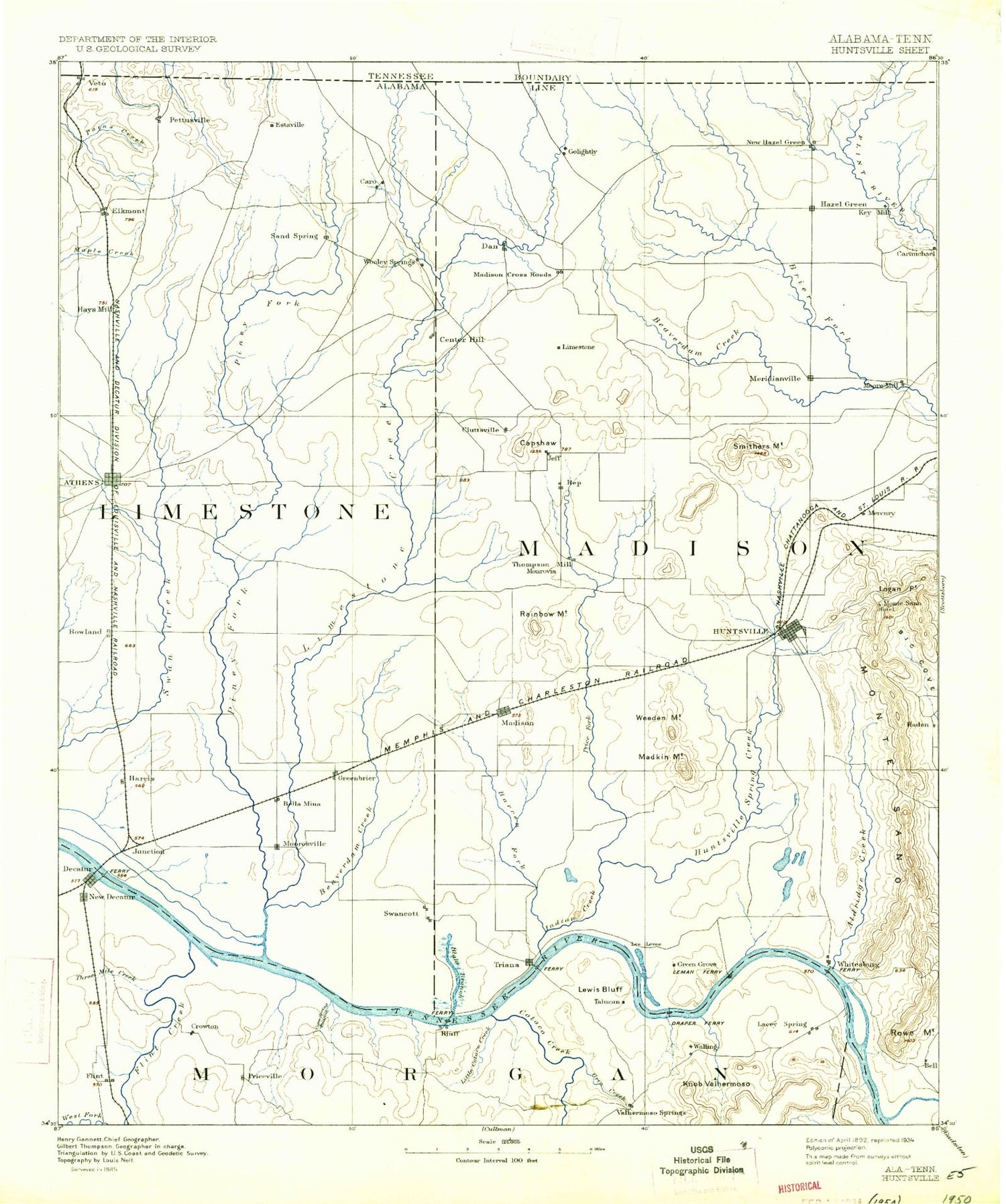 Historic 1892 Huntsville Alabama 30'x30' Topo Map Image