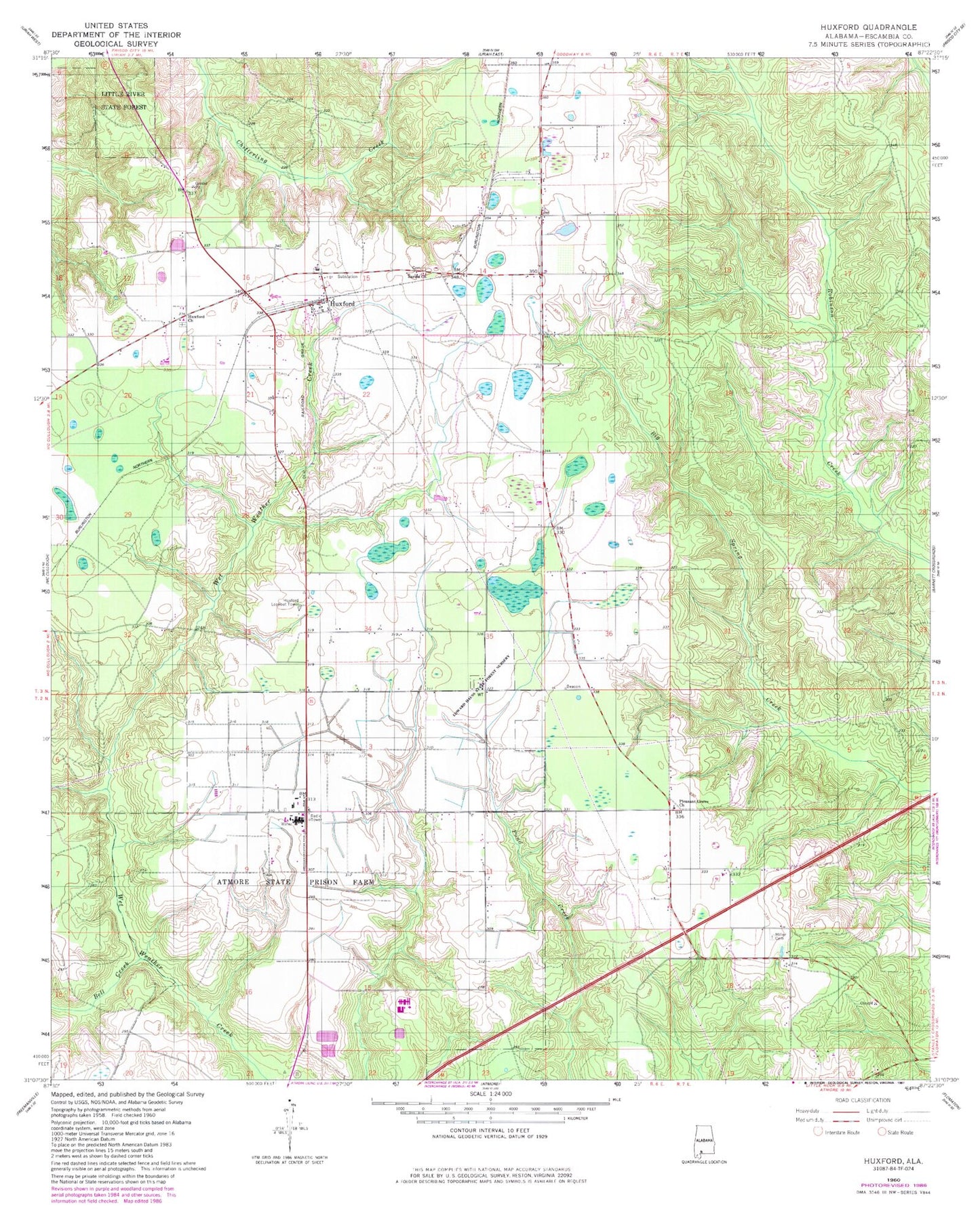 Classic USGS Huxford Alabama 7.5'x7.5' Topo Map Image