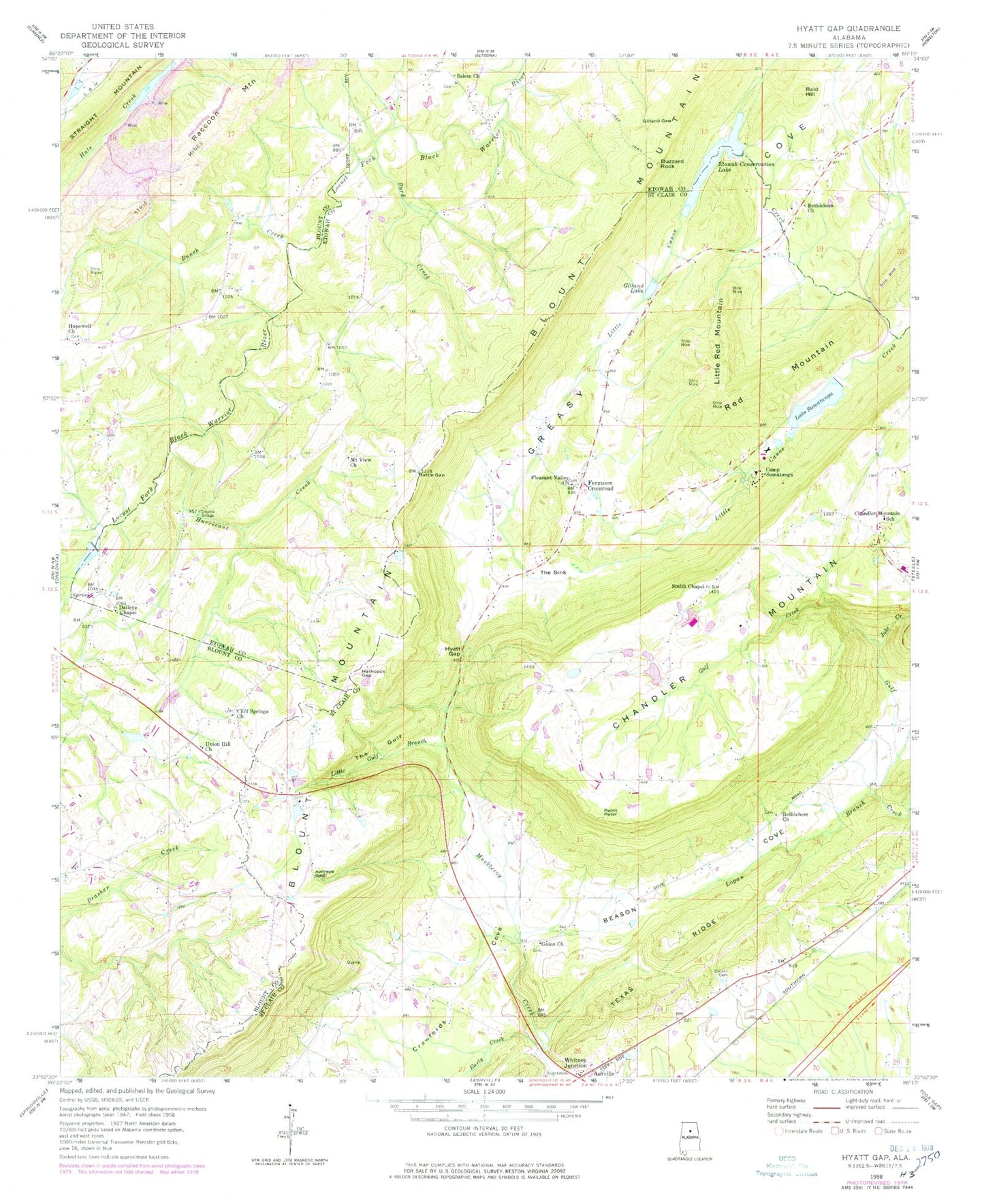 Classic USGS Hyatt Gap Alabama 7.5'x7.5' Topo Map Image