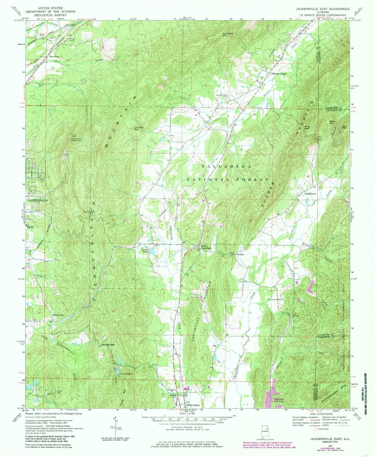 Classic USGS Jacksonville East Alabama 7.5'x7.5' Topo Map Image