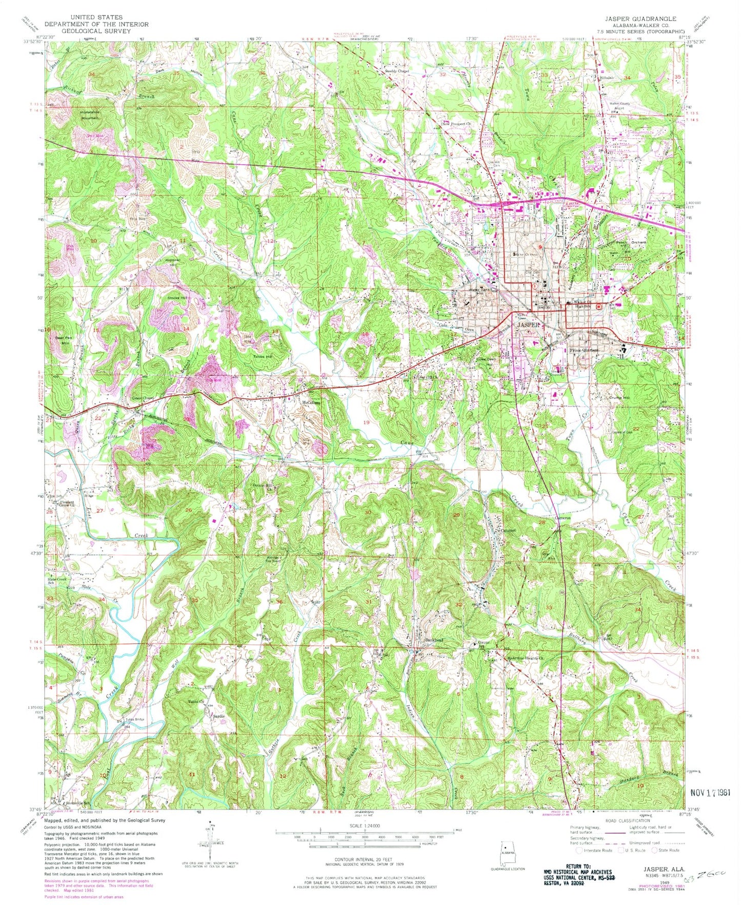 Classic USGS Jasper Alabama 7.5'x7.5' Topo Map Image