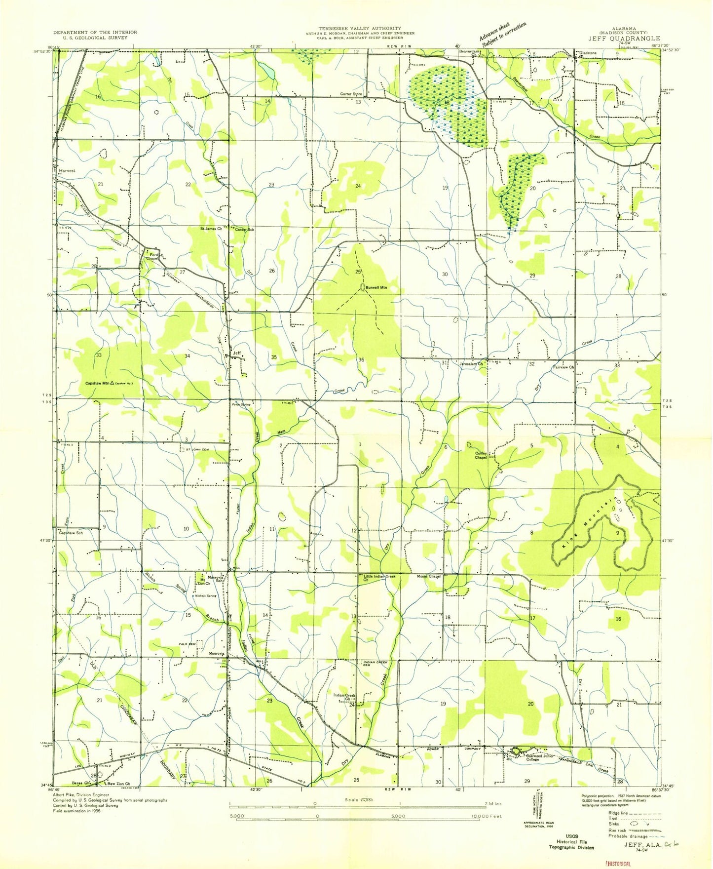 Classic USGS Jeff Alabama 7.5'x7.5' Topo Map Image
