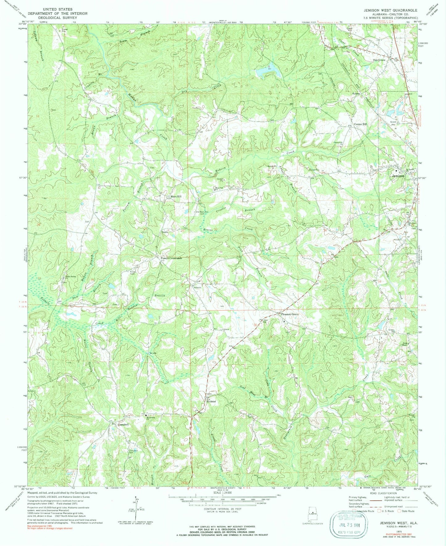 Classic USGS Jemison West Alabama 7.5'x7.5' Topo Map Image
