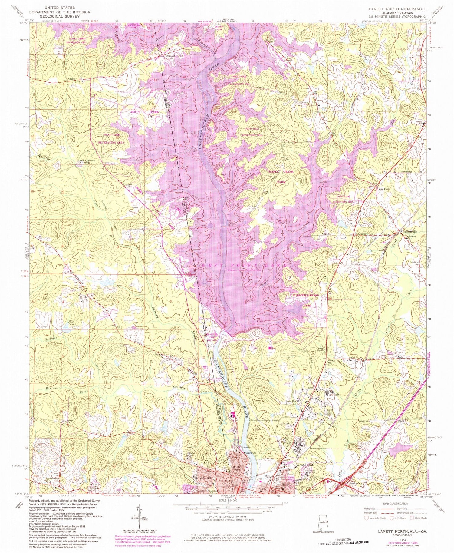 Classic USGS Lanett North Alabama 7.5'x7.5' Topo Map Image