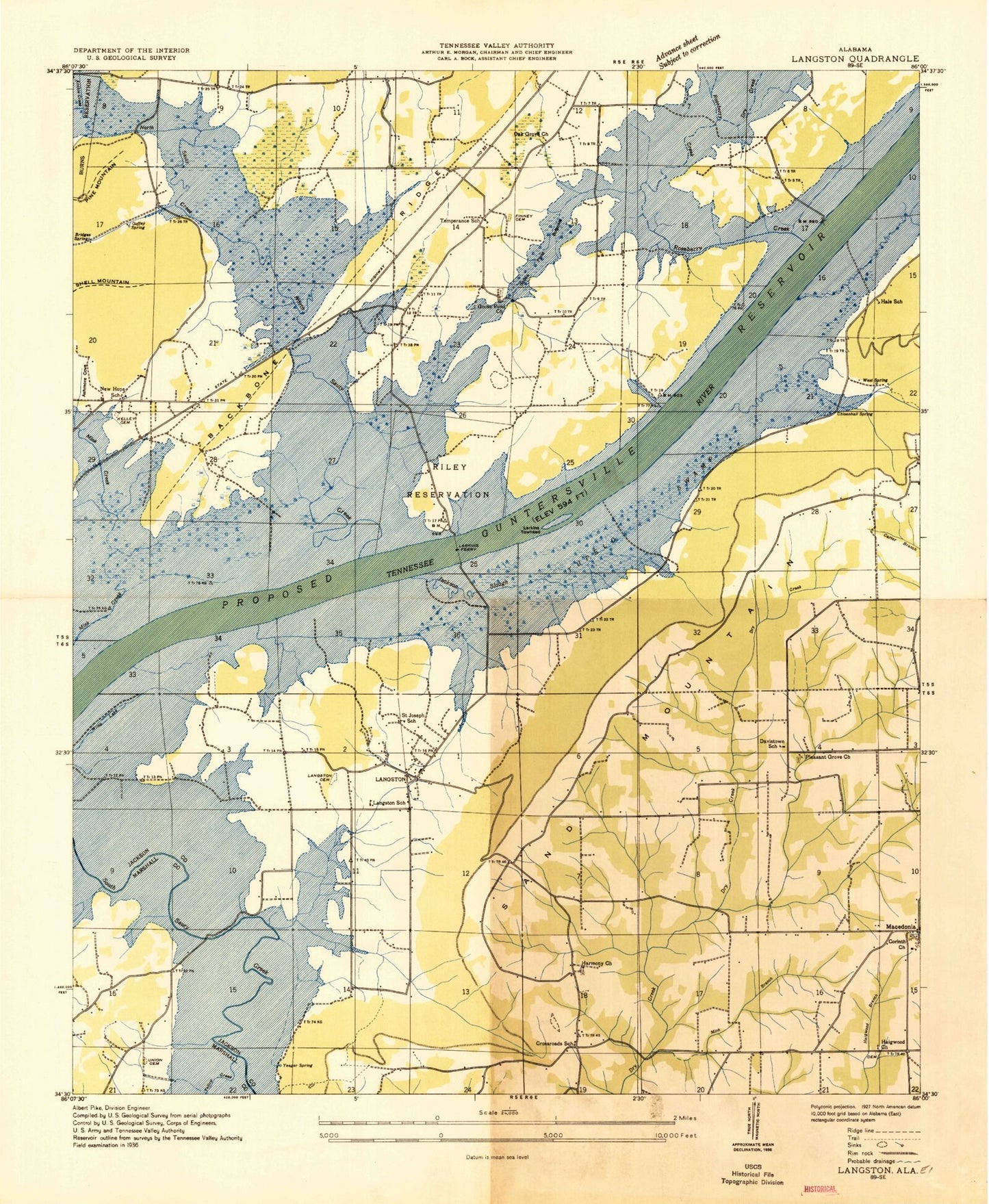 Classic USGS Langston Alabama 7.5'x7.5' Topo Map Image