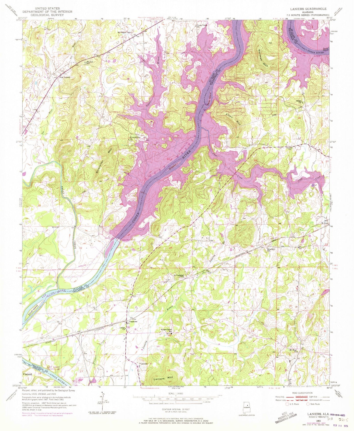 Classic USGS Laniers Alabama 7.5'x7.5' Topo Map Image