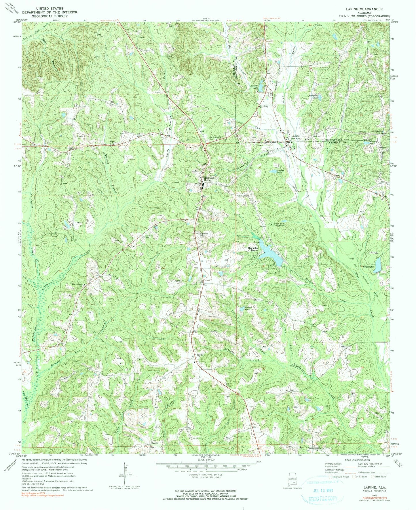 Classic USGS Lapine Alabama 7.5'x7.5' Topo Map Image