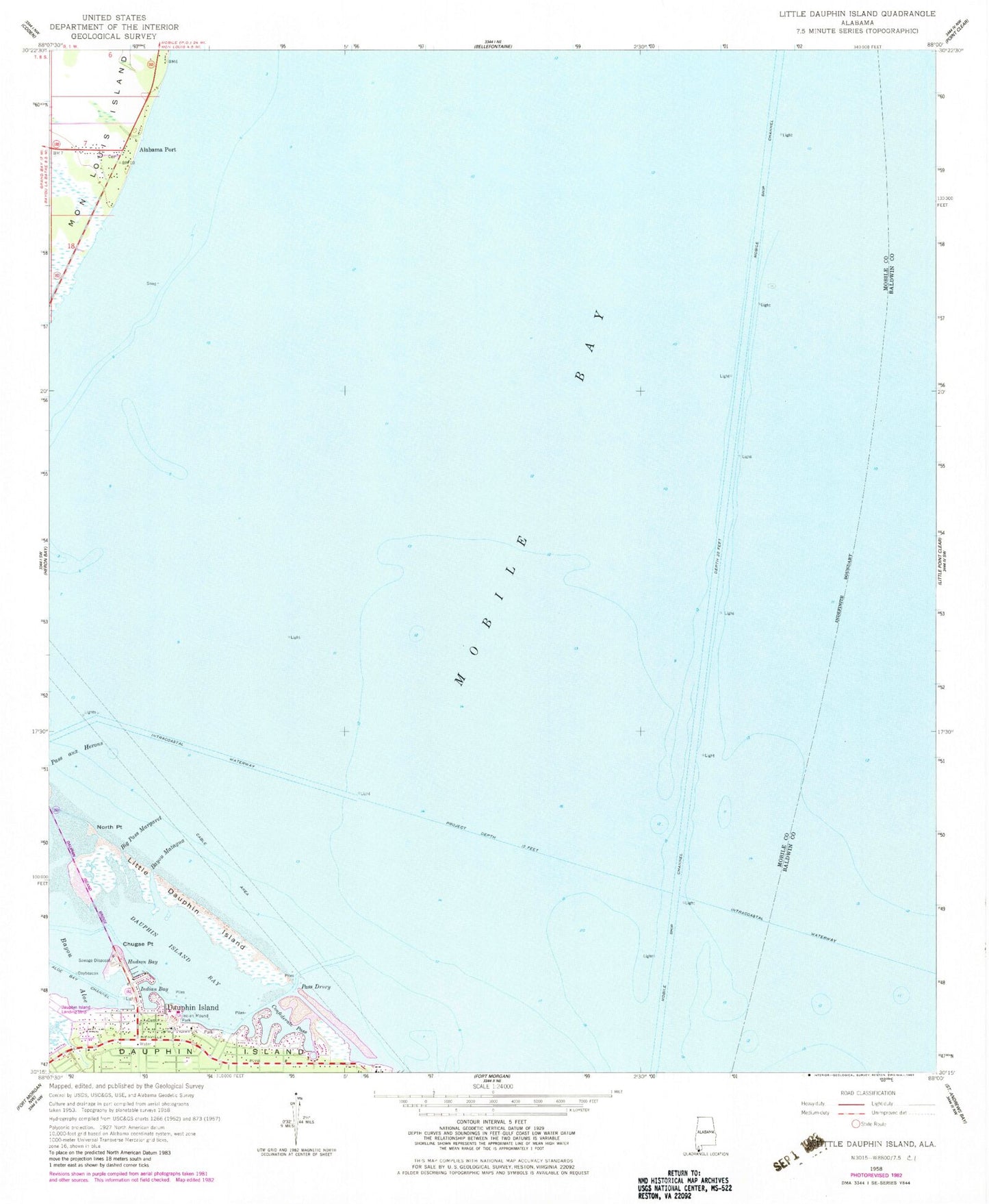 Classic USGS Little Dauphin Island Alabama 7.5'x7.5' Topo Map Image
