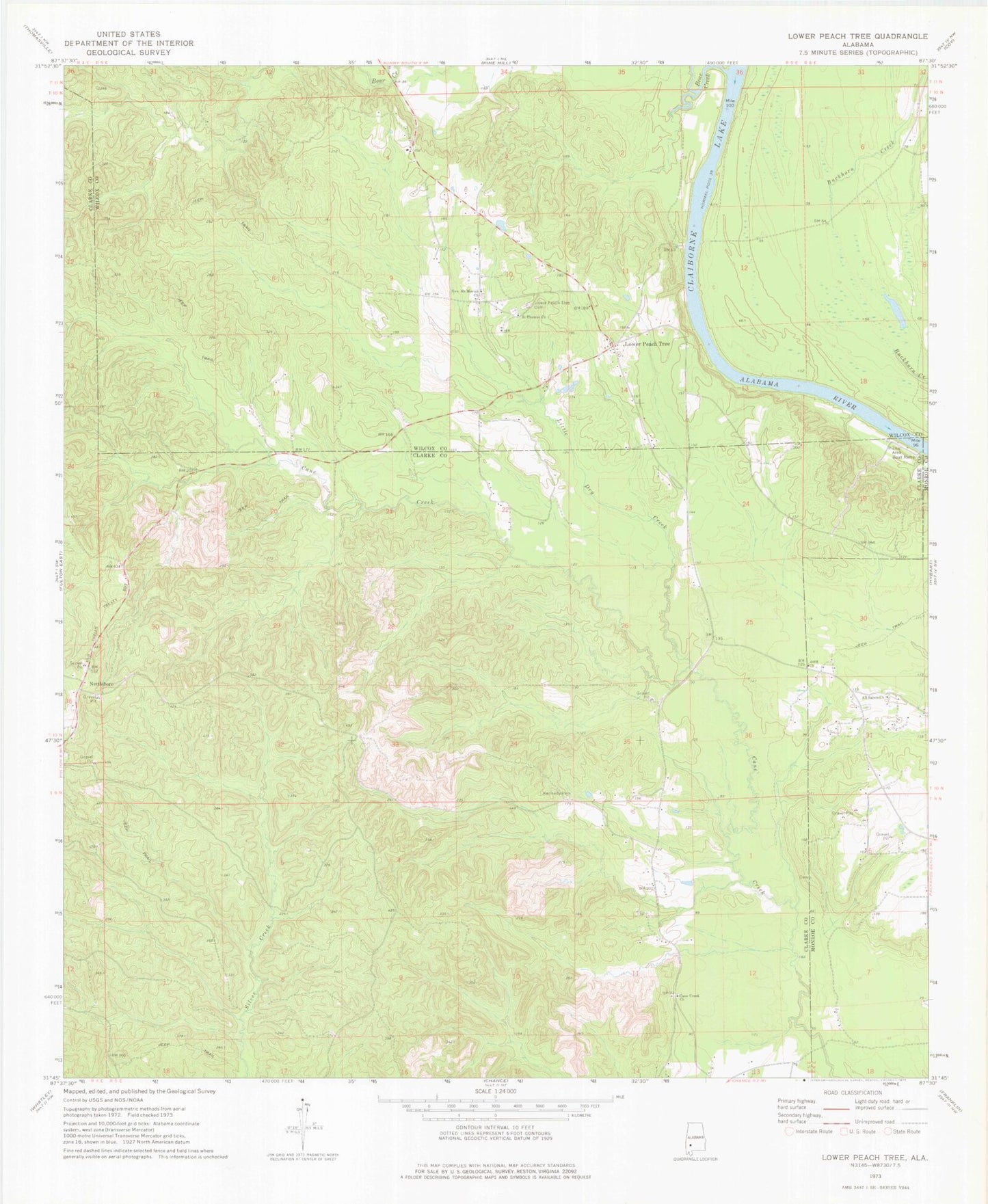 Classic USGS Lower Peach Tree Alabama 7.5'x7.5' Topo Map Image