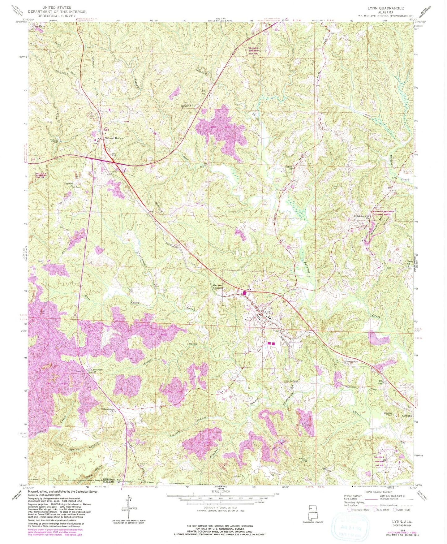 Classic USGS Lynn Alabama 7.5'x7.5' Topo Map Image