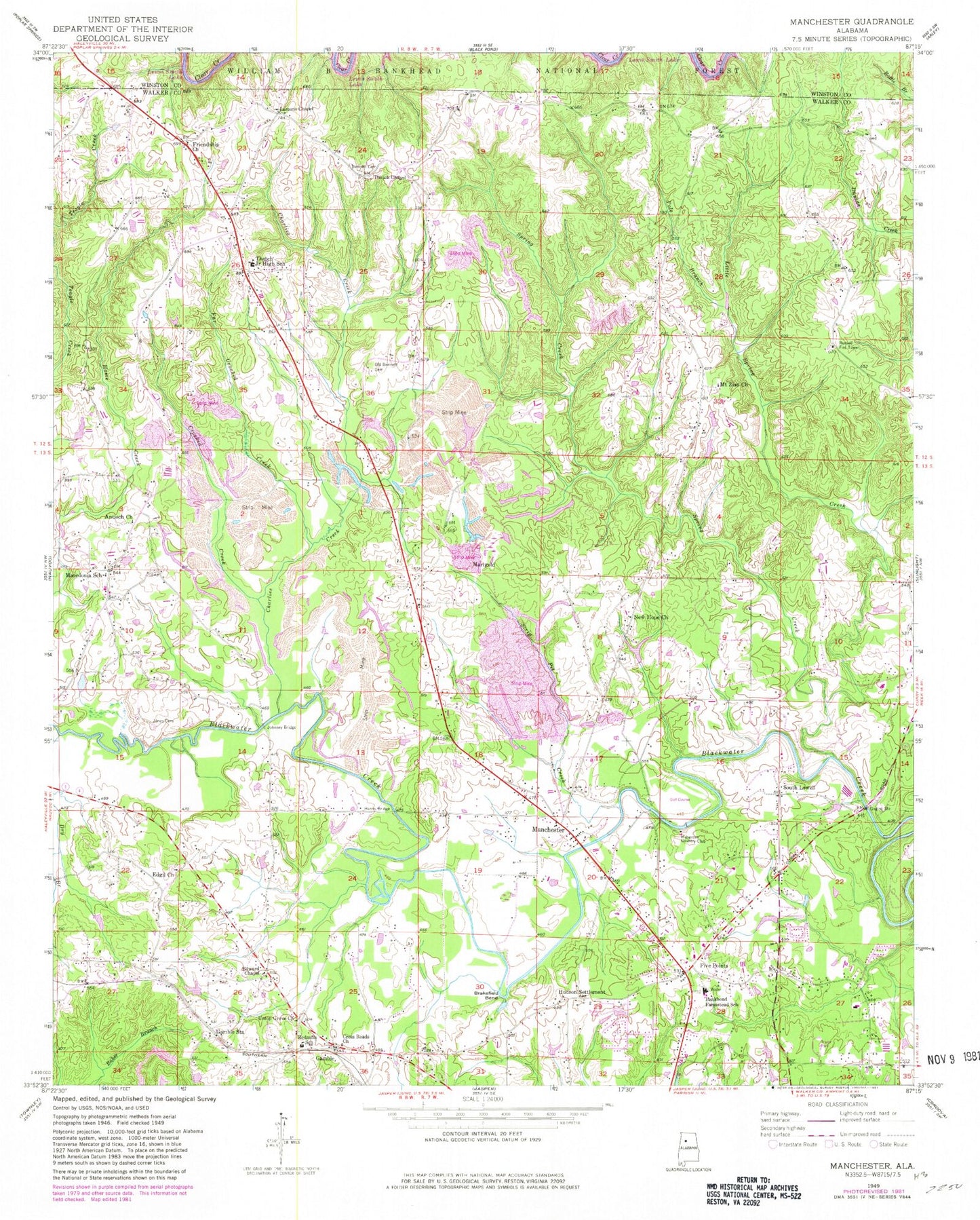 Classic USGS Manchester Alabama 7.5'x7.5' Topo Map Image