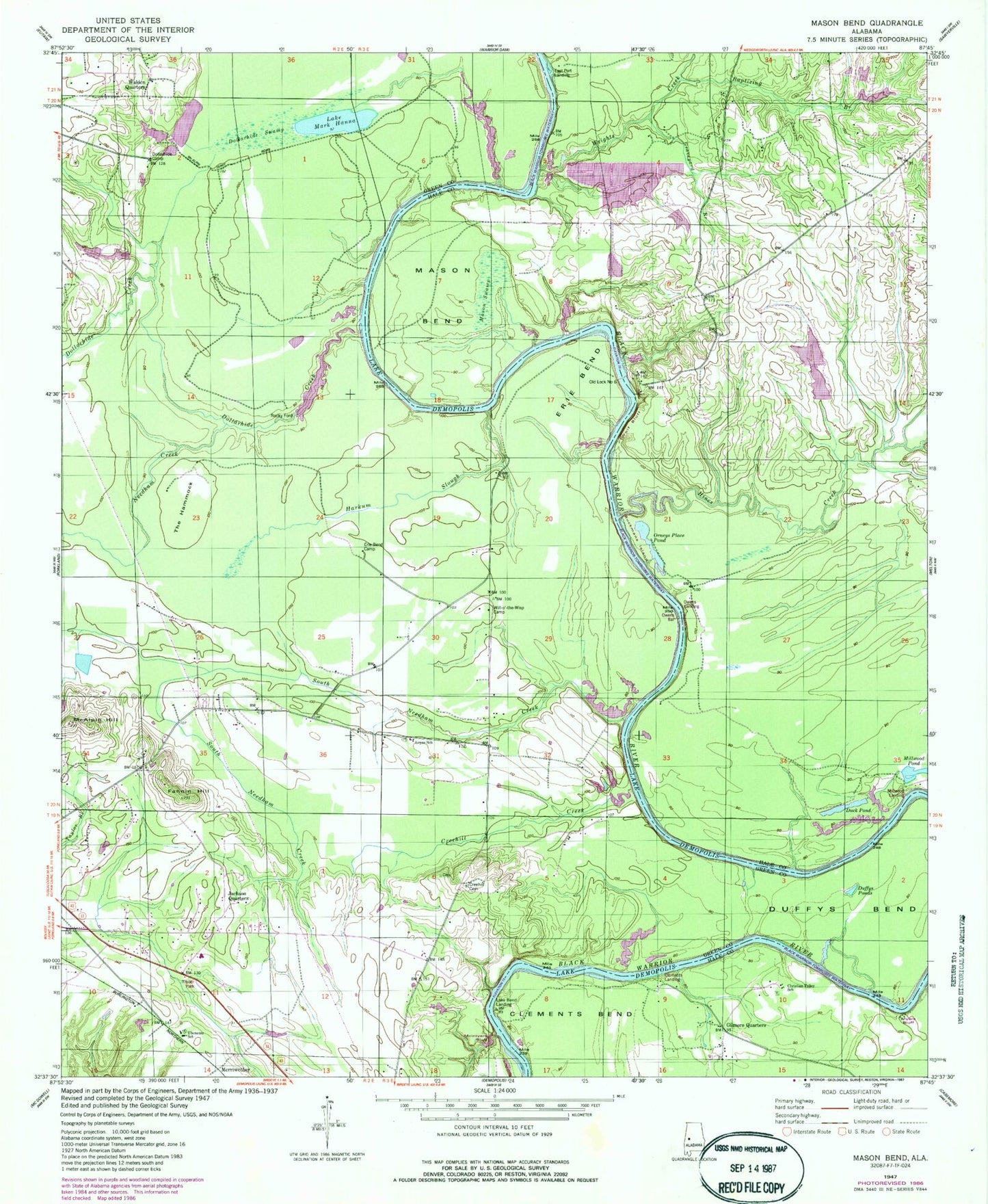 Classic USGS Mason Bend Alabama 7.5'x7.5' Topo Map Image