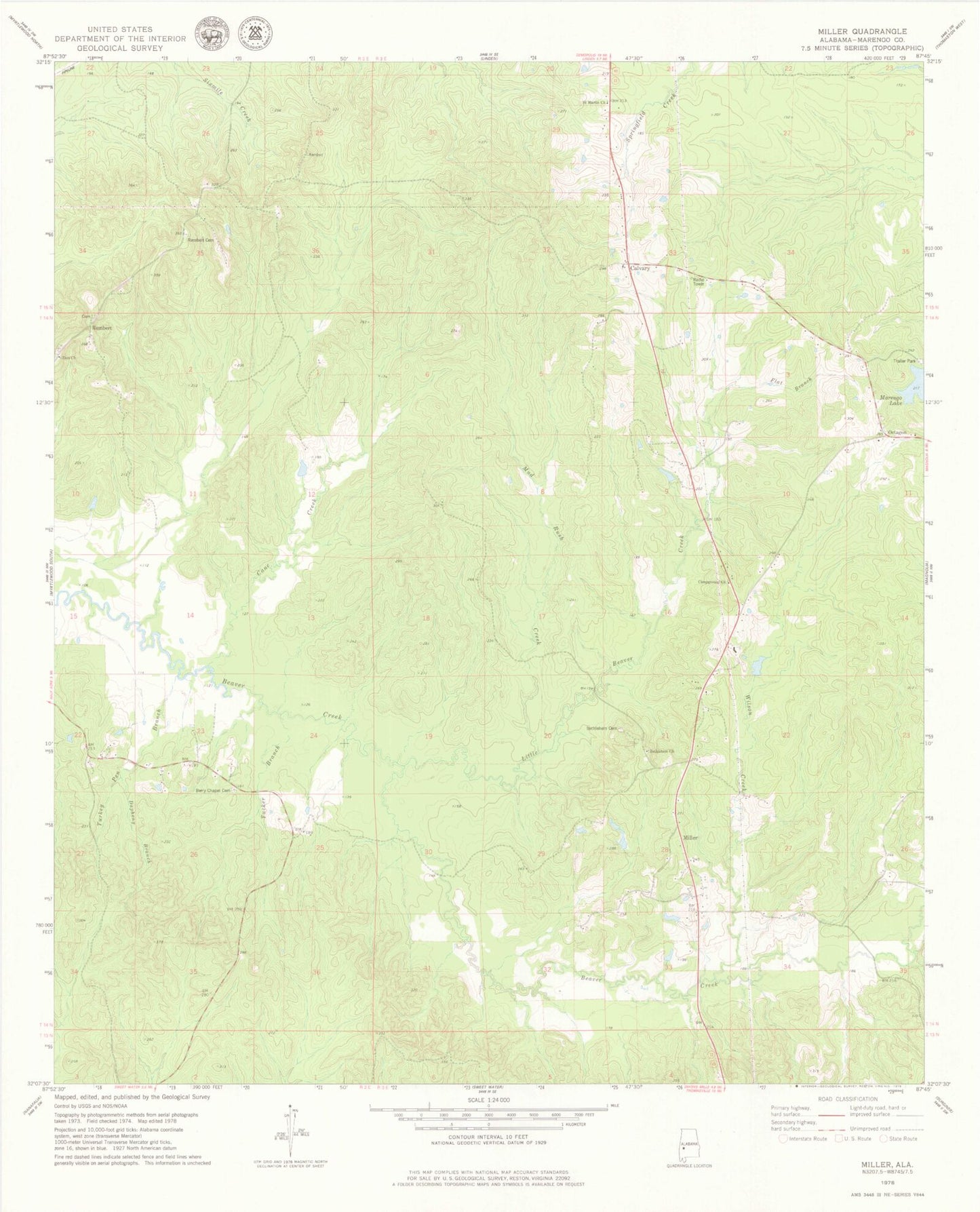 Classic USGS Miller Alabama 7.5'x7.5' Topo Map Image