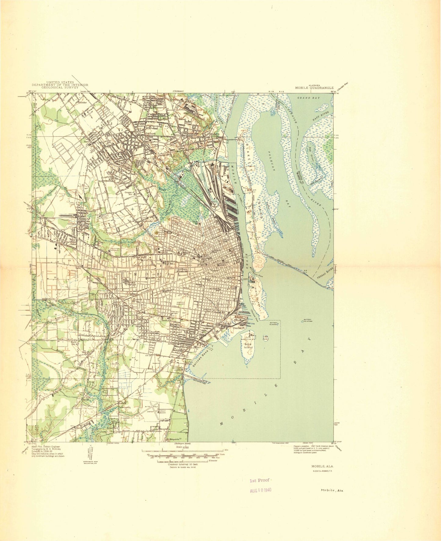 Classic USGS Mobile Alabama 7.5'x7.5' Topo Map Image
