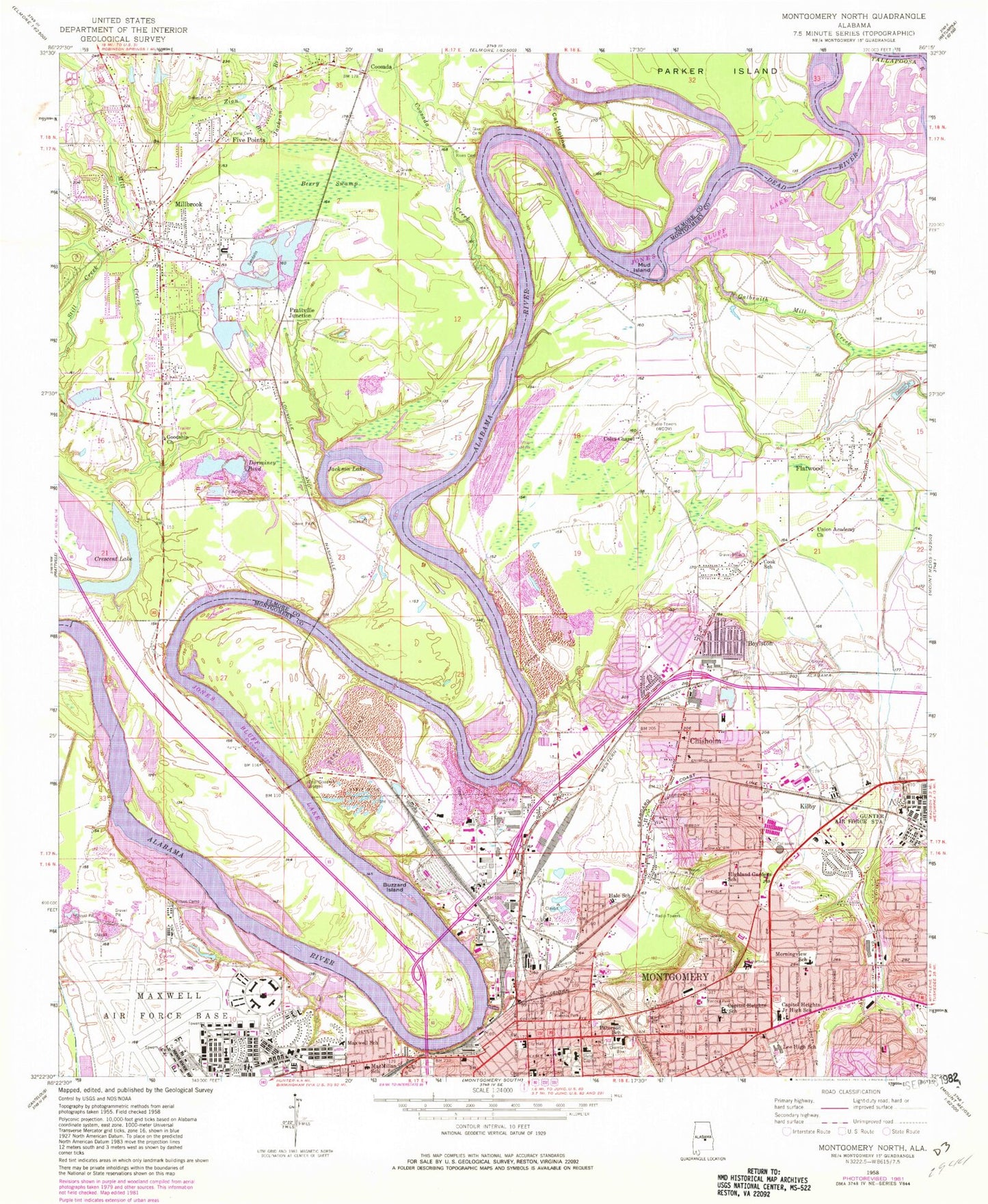 Classic USGS Montgomery North Alabama 7.5'x7.5' Topo Map Image
