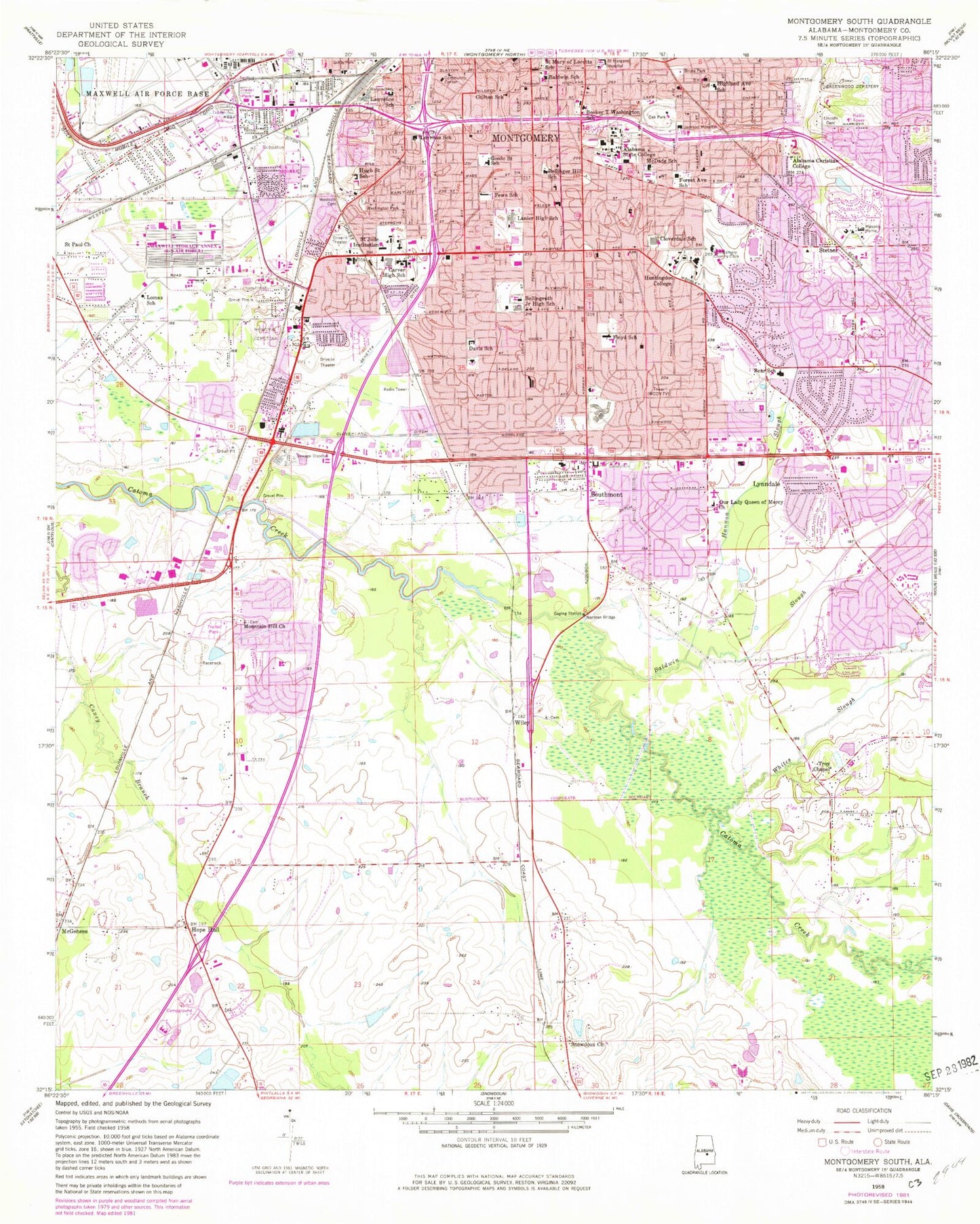 Classic USGS Montgomery South Alabama 7.5'x7.5' Topo Map Image