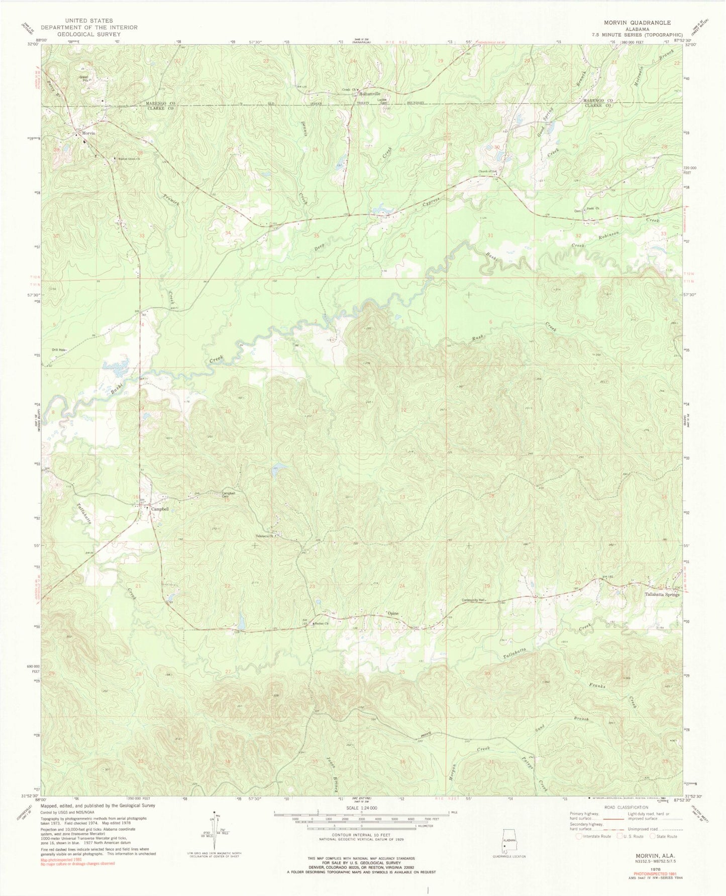 Classic USGS Morvin Alabama 7.5'x7.5' Topo Map Image