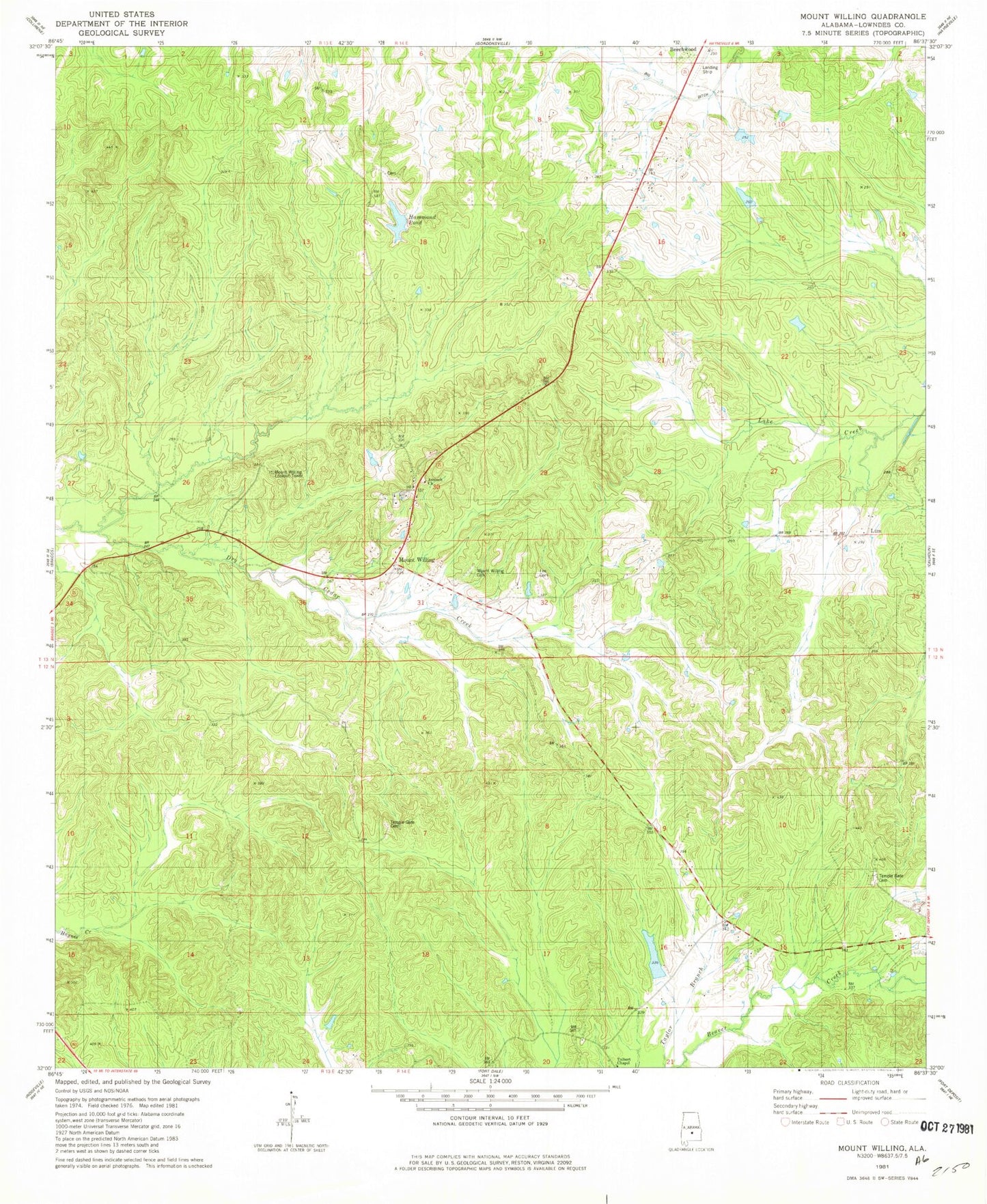 Classic USGS Mount Willing Alabama 7.5'x7.5' Topo Map Image