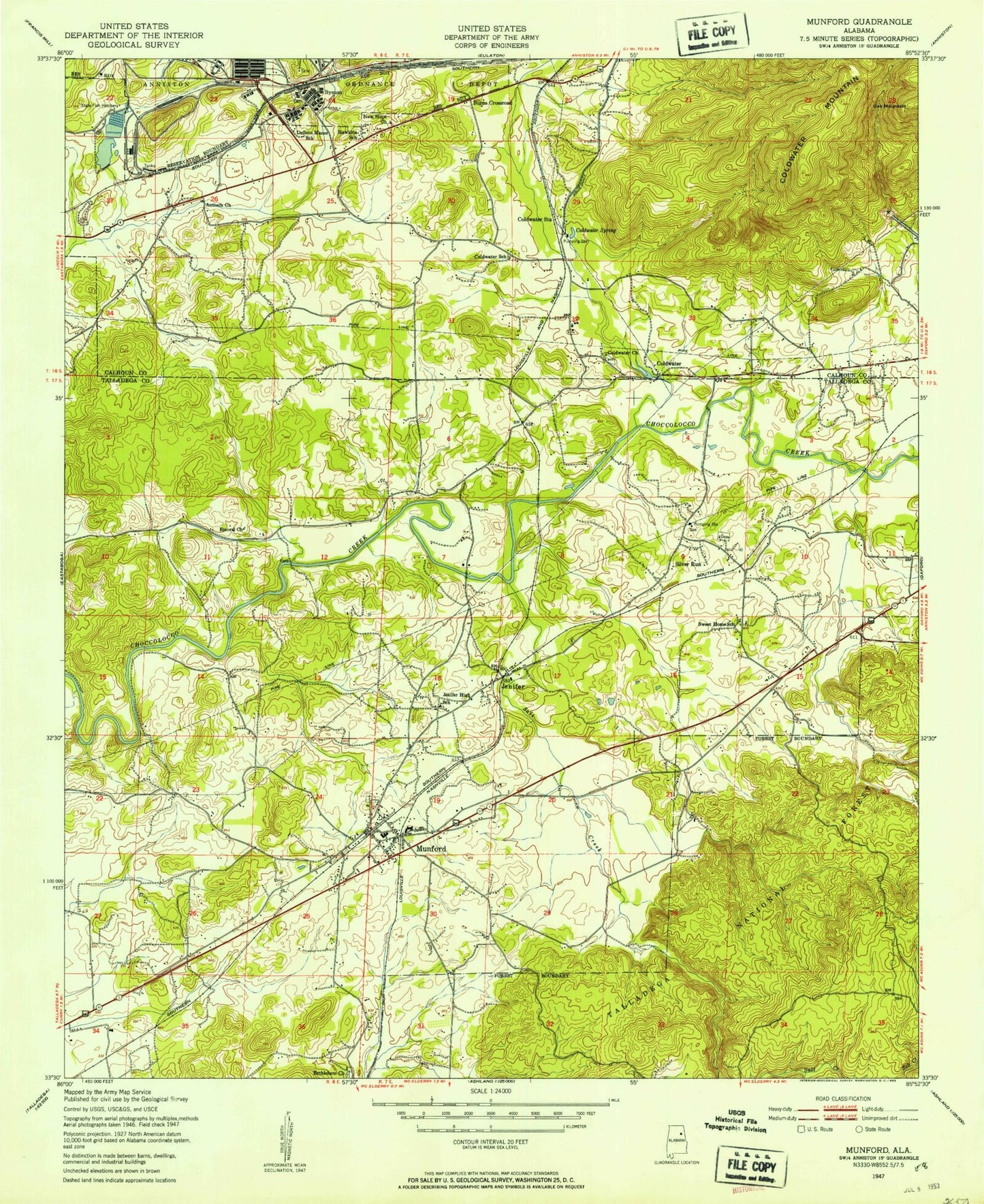 Classic USGS Munford Alabama 7.5'x7.5' Topo Map Image